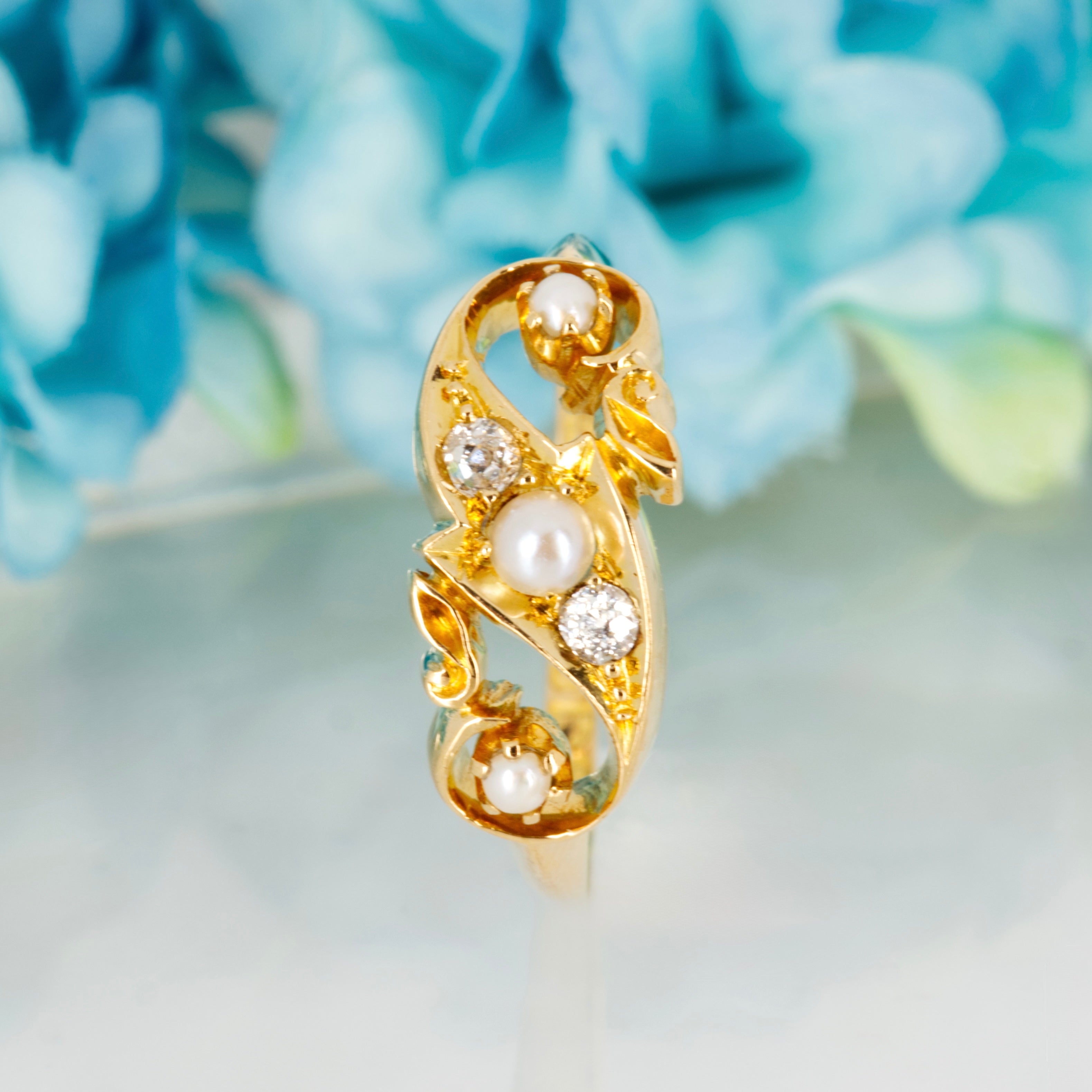 Antique 18ct Yellow Gold Pearl & Round Cut Diamond Dress Ring, hallmarked Chester 1903