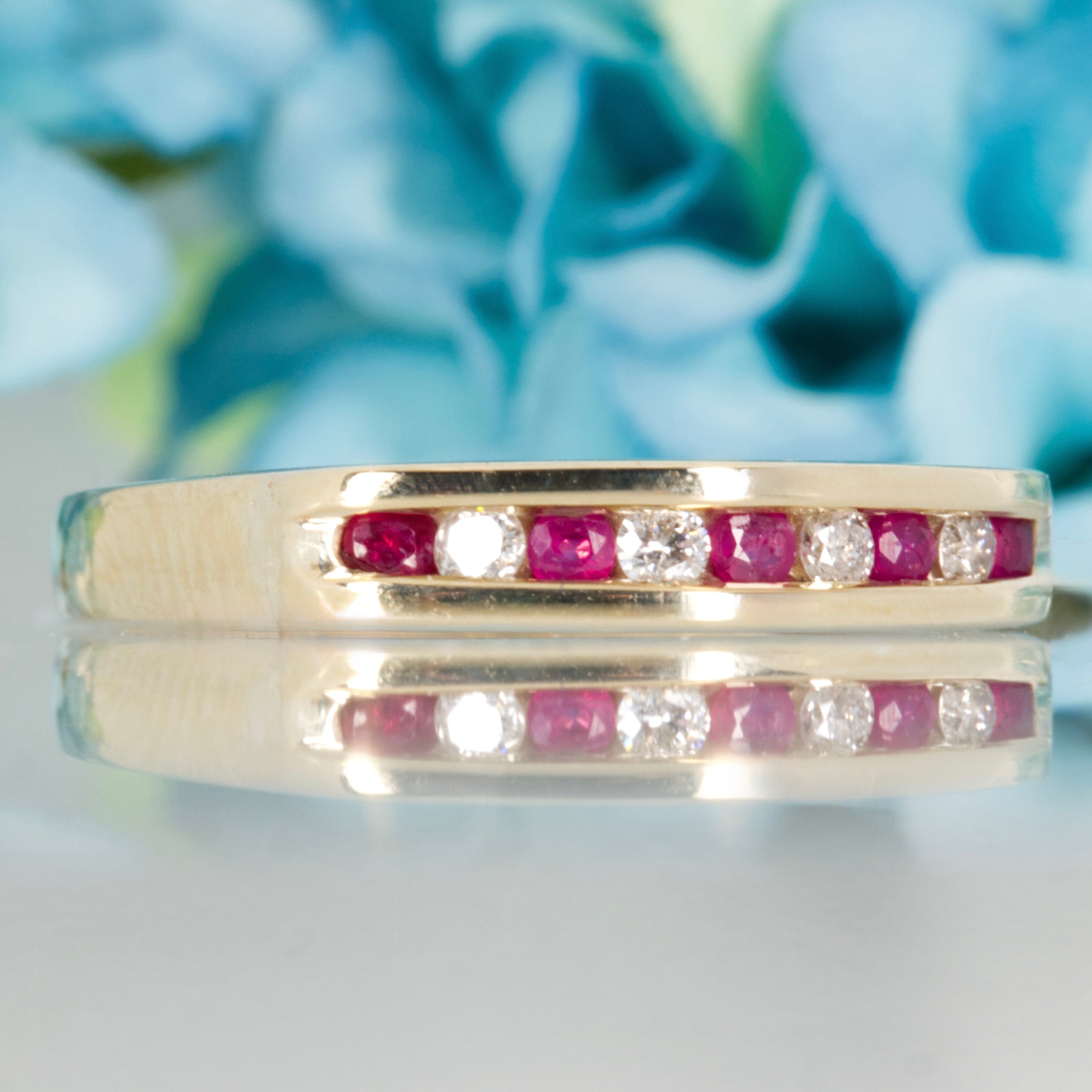 Pre-Loved 9ct Yellow Gold Round Cut Ruby & Round Brilliant Cut Diamond Channel Set Half Eternity Ring