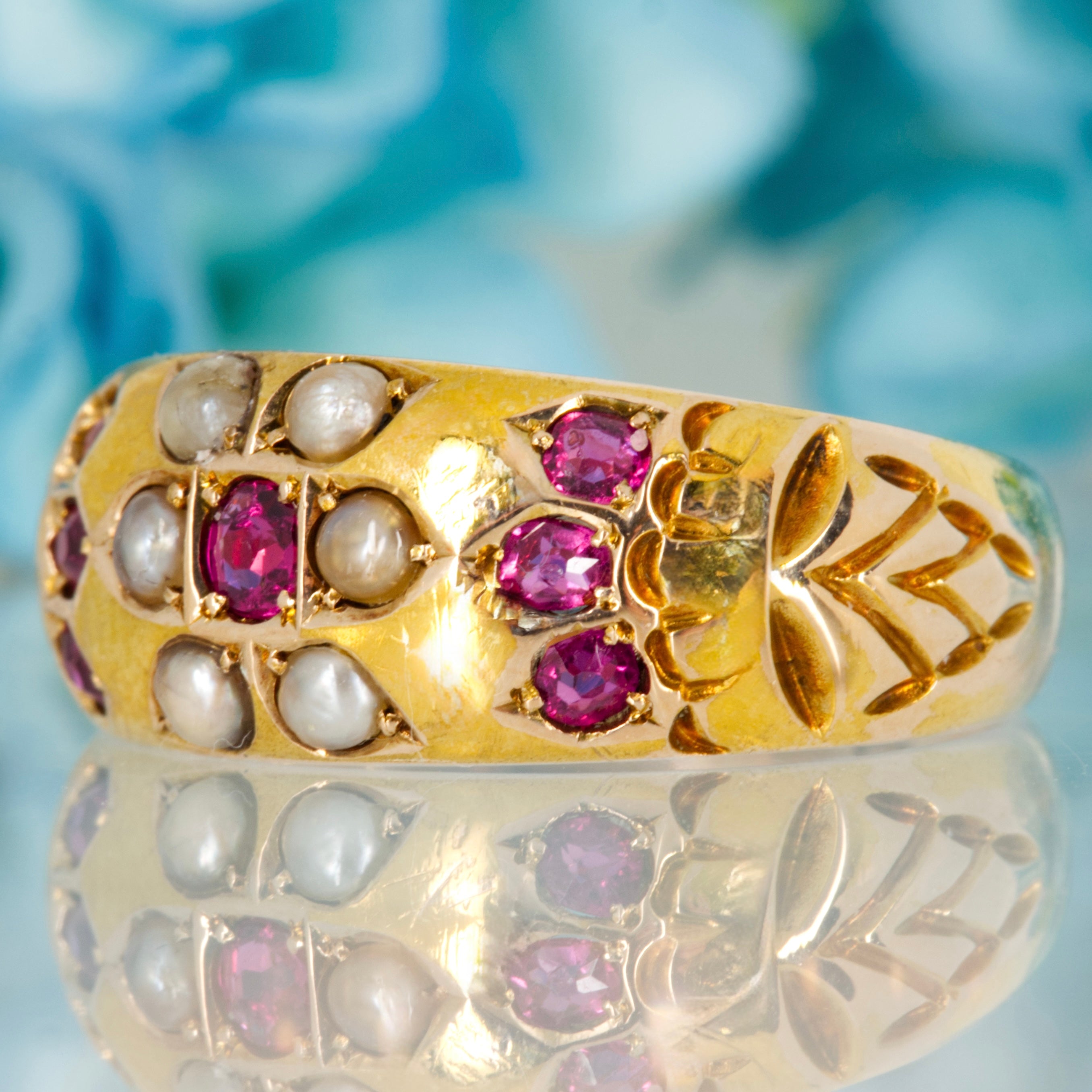 Pre-Loved 15ct Yellow Gold Oval & Round Cut Ruby & Pearl Set Ring