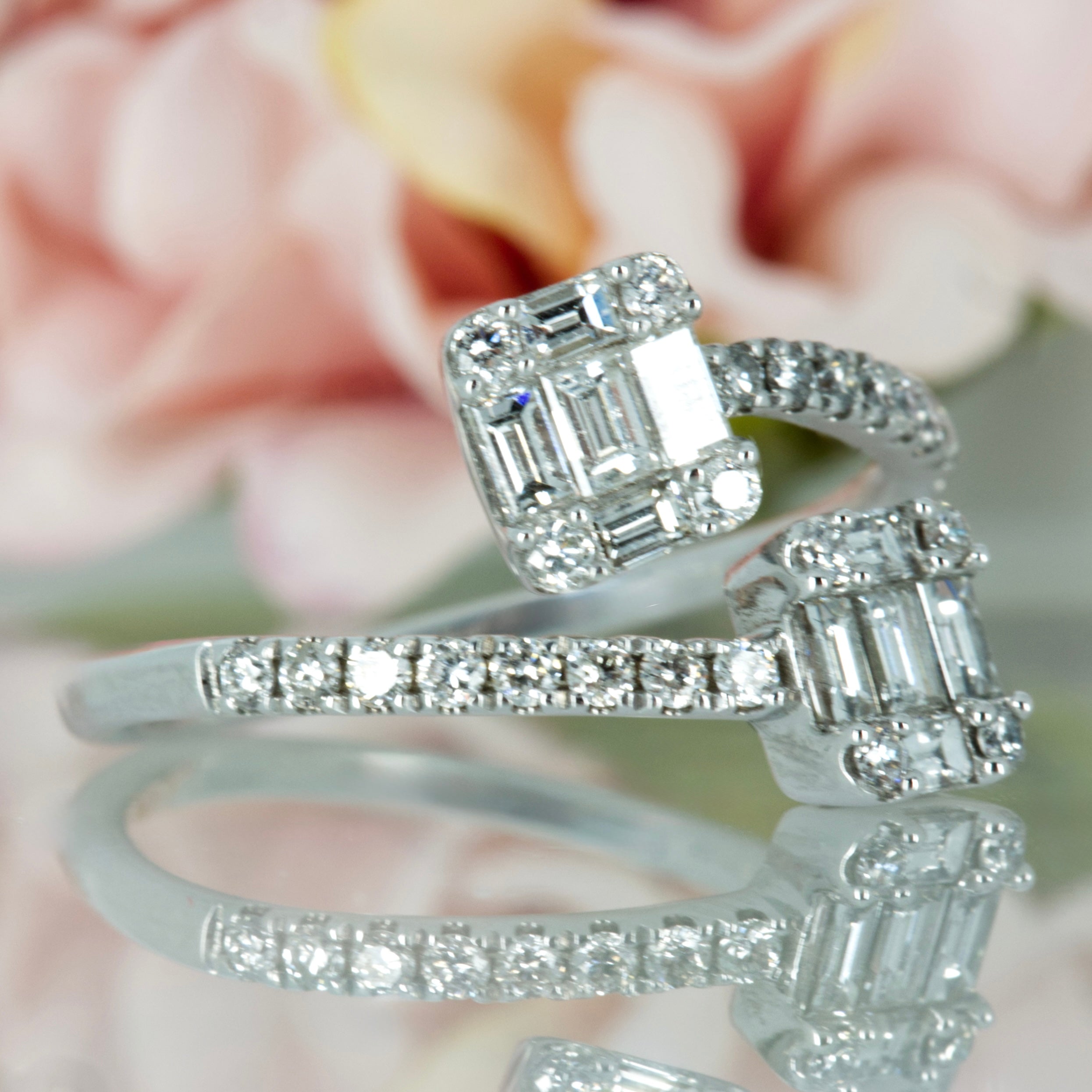 Pre-Loved 18ct White Gold 0.70ct Baguette & Round Brilliant Cut Diamond Crossover Cluster Ring