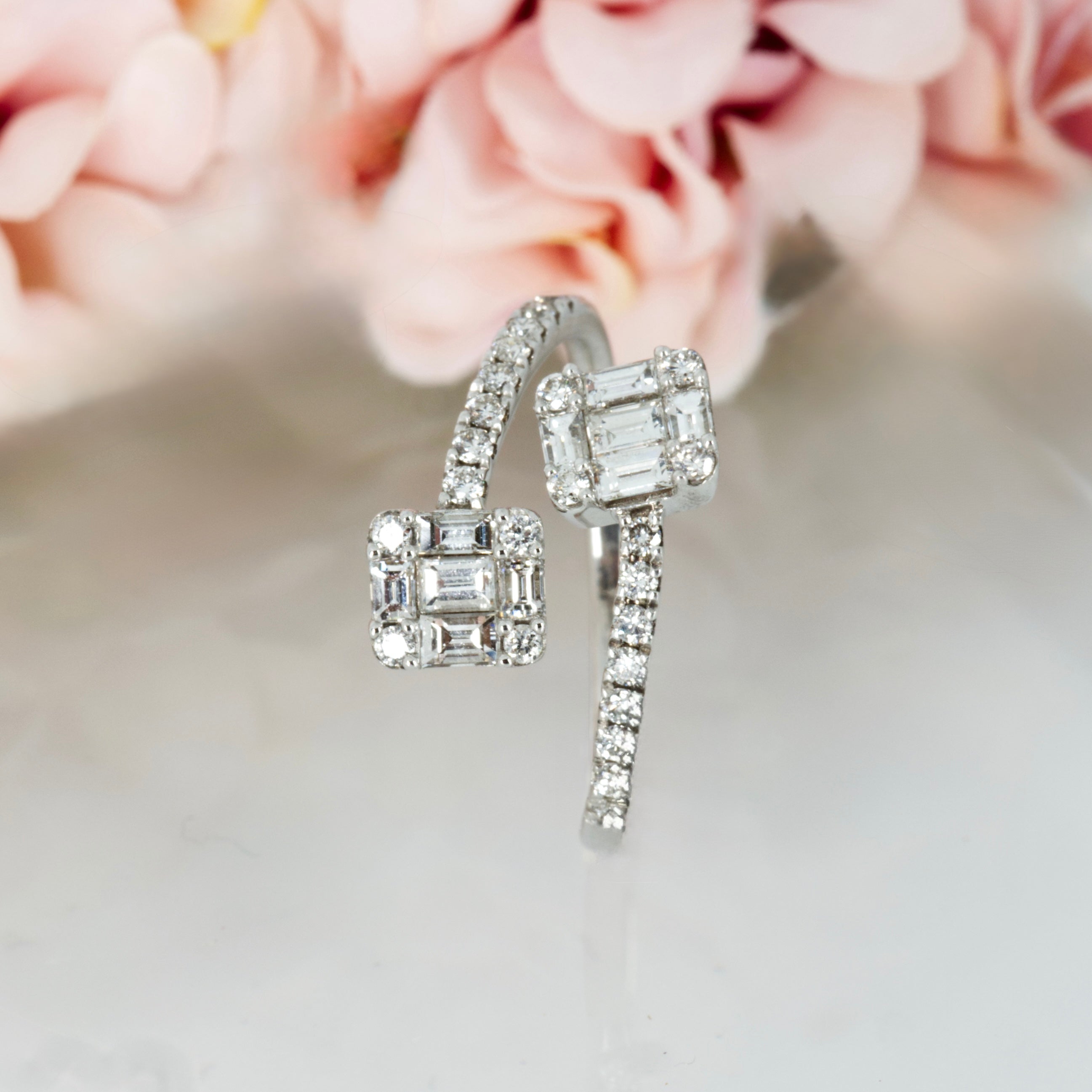 Pre-Loved 18ct White Gold 0.70ct Baguette & Round Brilliant Cut Diamond Crossover Cluster Ring