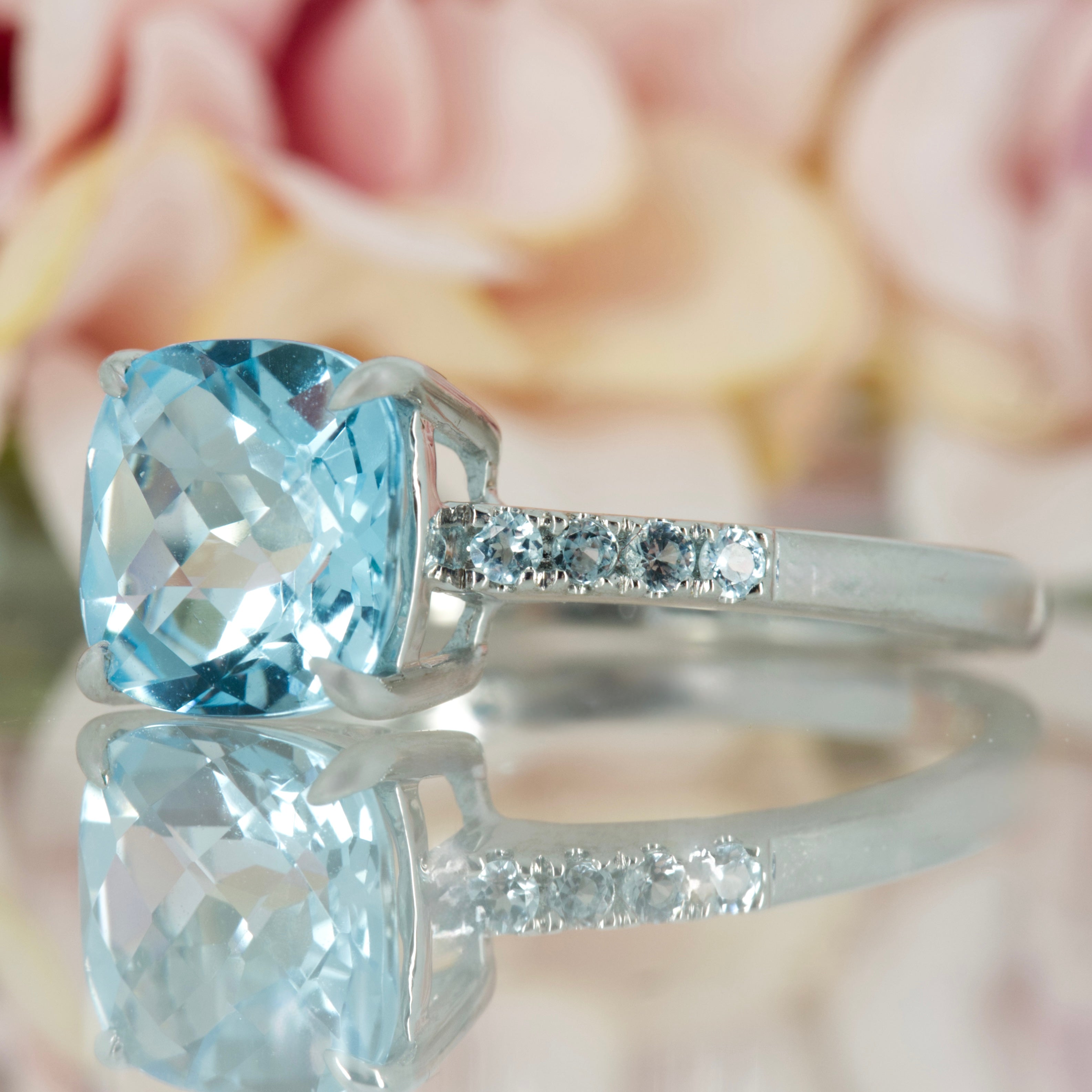 9ct White Gold Cushion Cut Blue Topaz Dress Ring