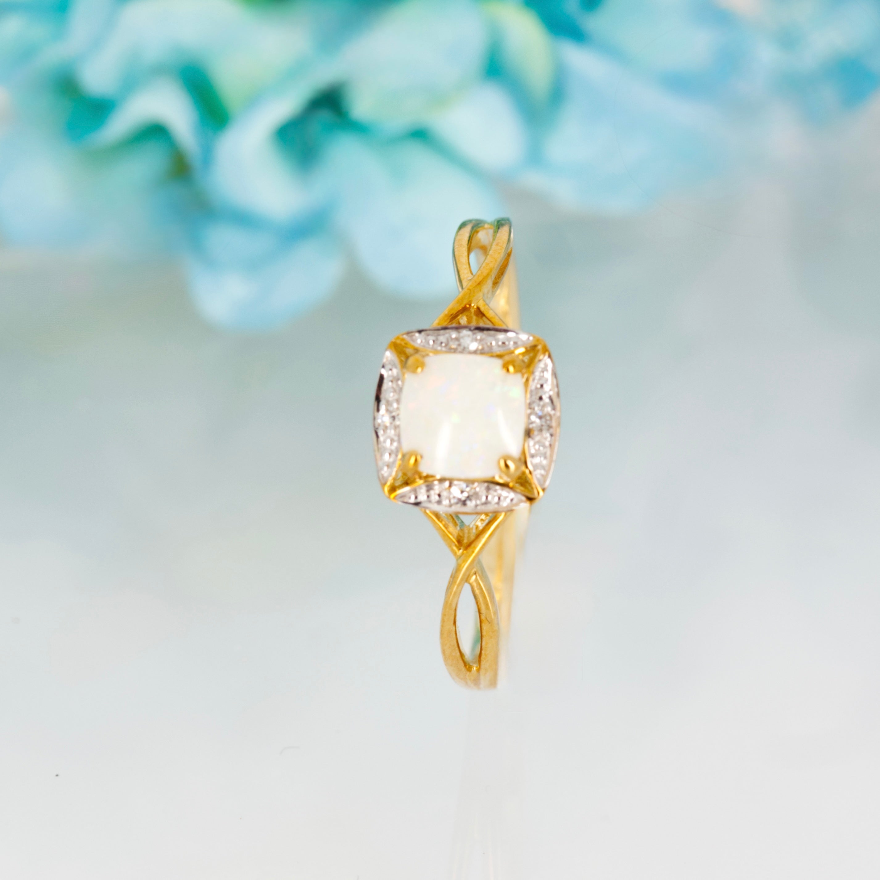 9ct Yellow Gold Round Cut Opal & Round Brilliant Cut Diamond Cushion Shaped Halo Cluster Ring