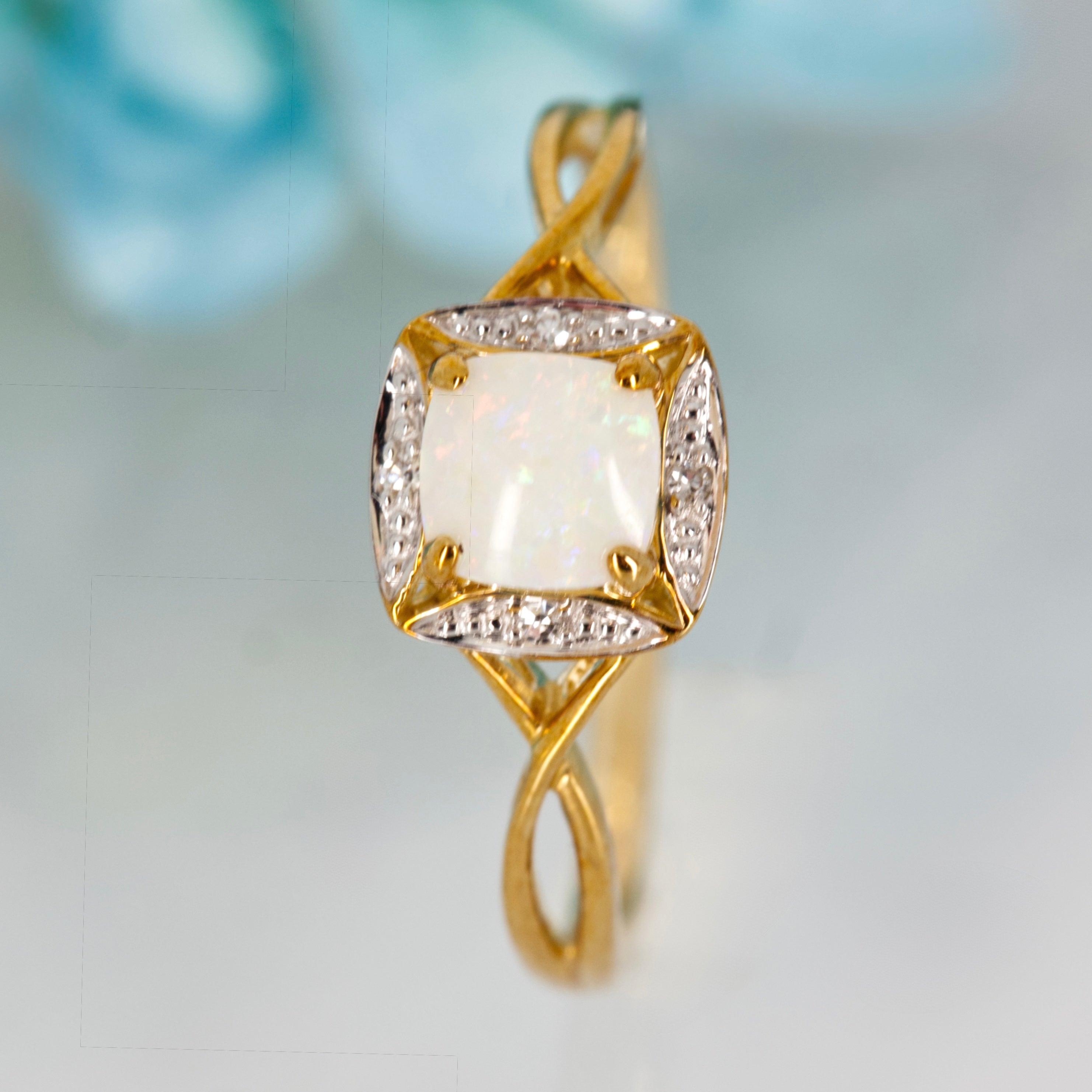 9ct Yellow Gold Round Cut Opal & Round Brilliant Cut Diamond Cushion Shaped Halo Cluster Ring