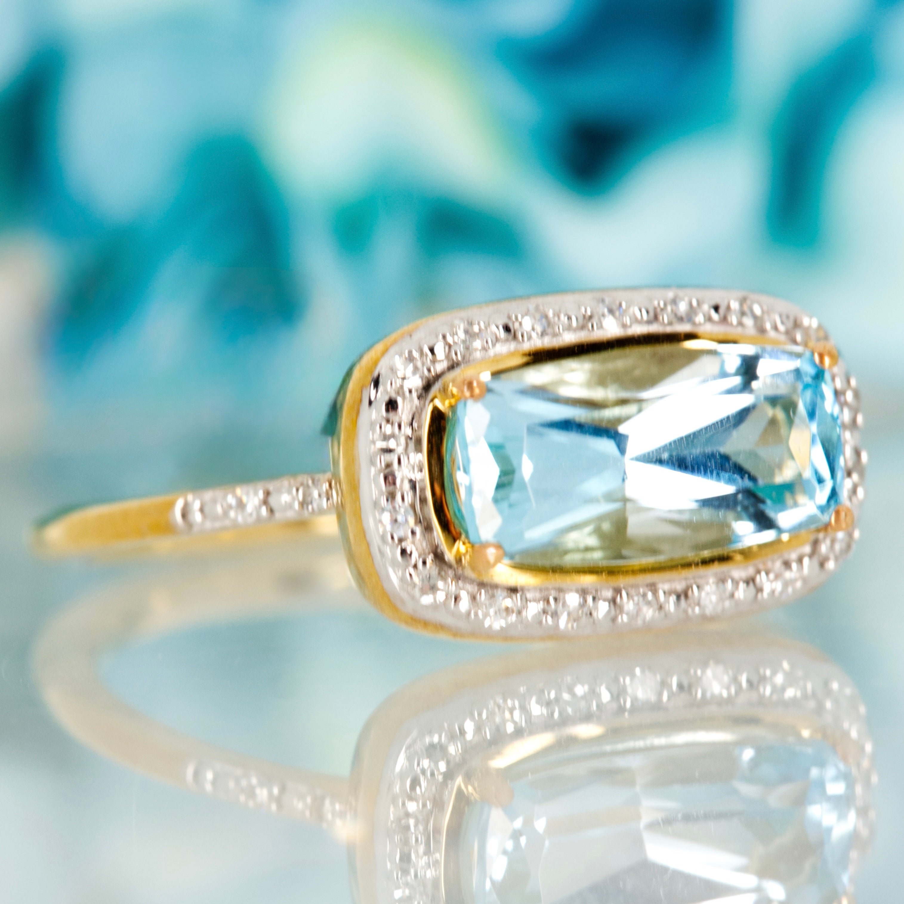 9ct Yellow Gold Rectangular Cut Blue Topaz & Round Brilliant Cut Diamond Halo Cluster Ring