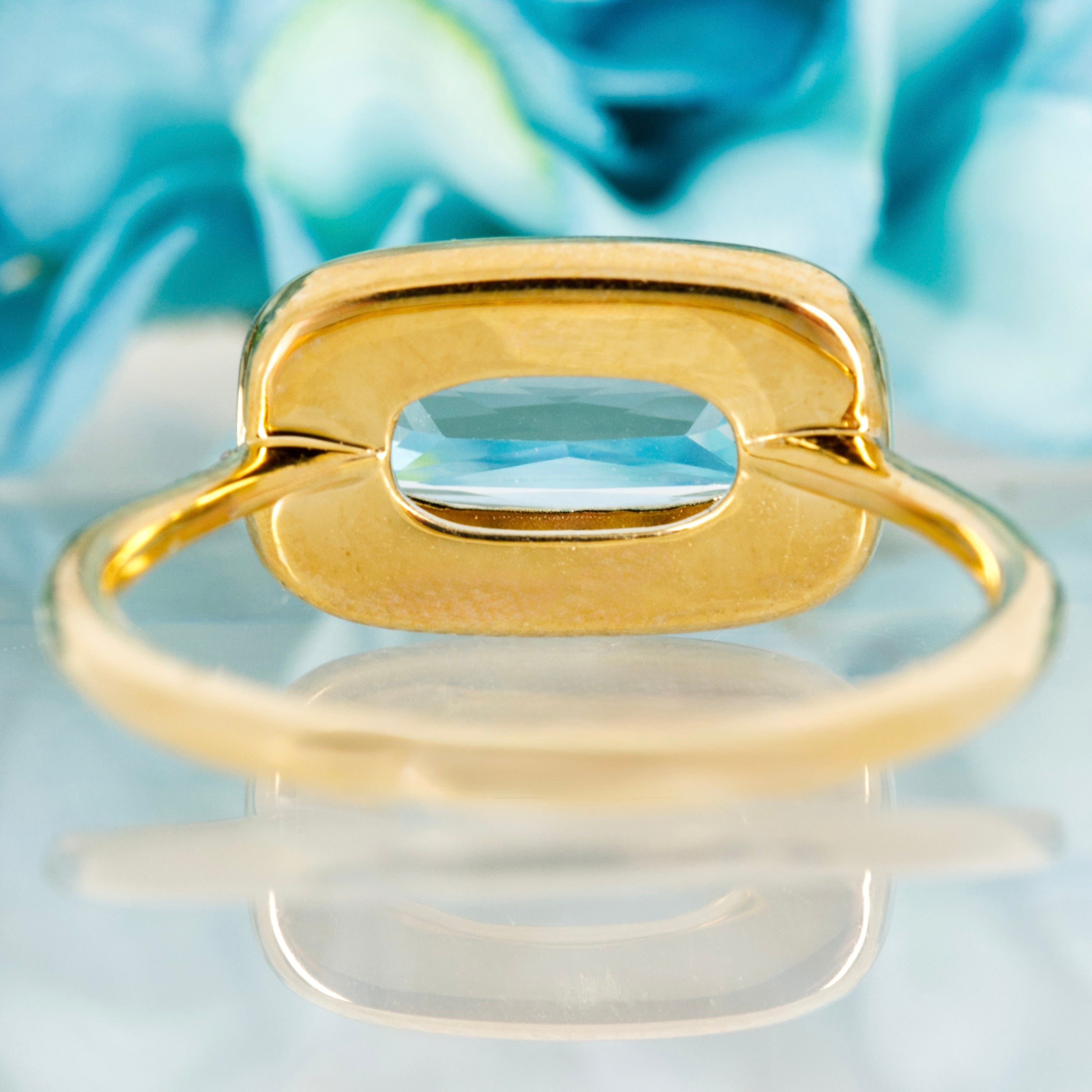 9ct Yellow Gold Rectangular Cut Blue Topaz & Round Brilliant Cut Diamond Halo Cluster Ring