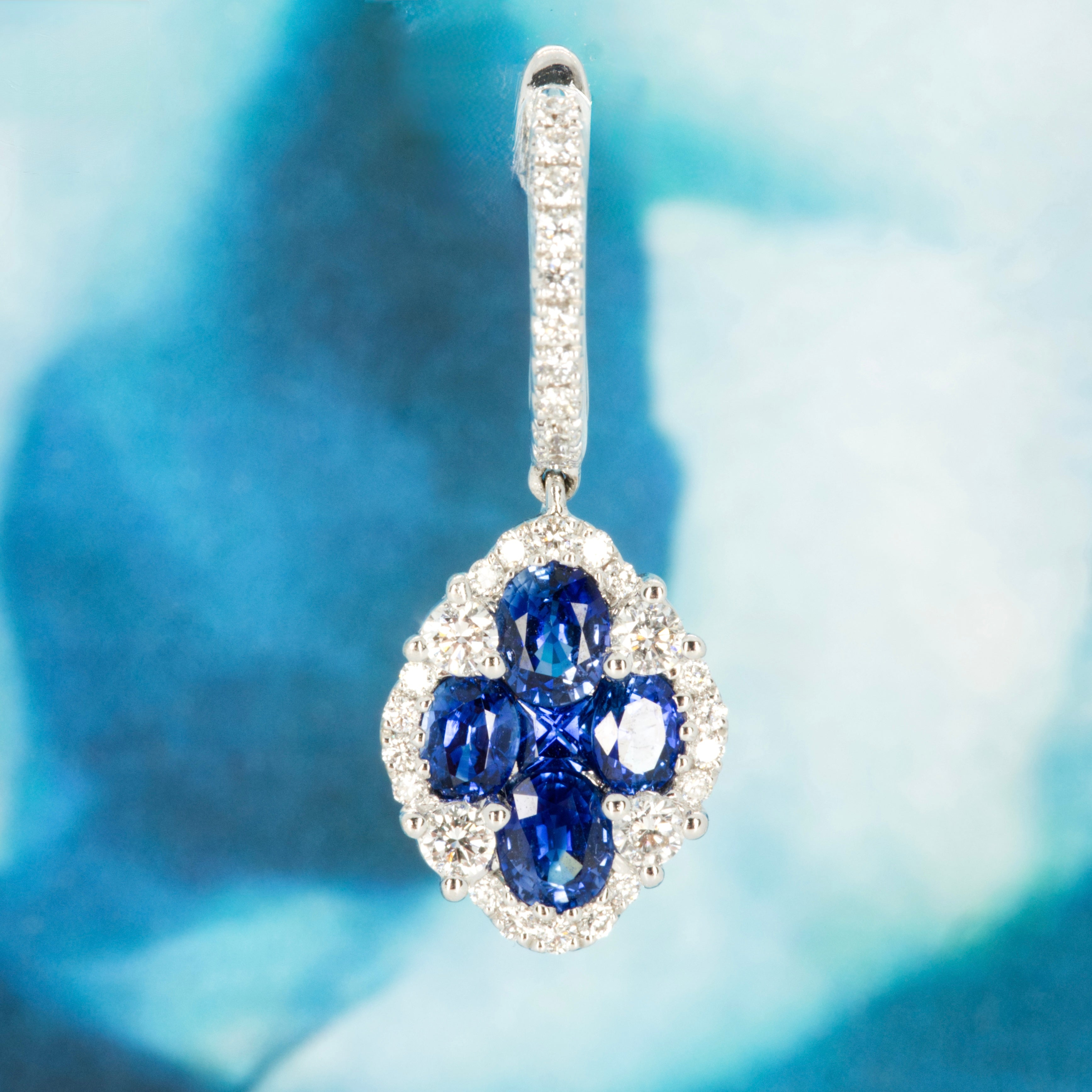 18ct White Gold Round Cut Sapphire & Diamond Drop Earrings