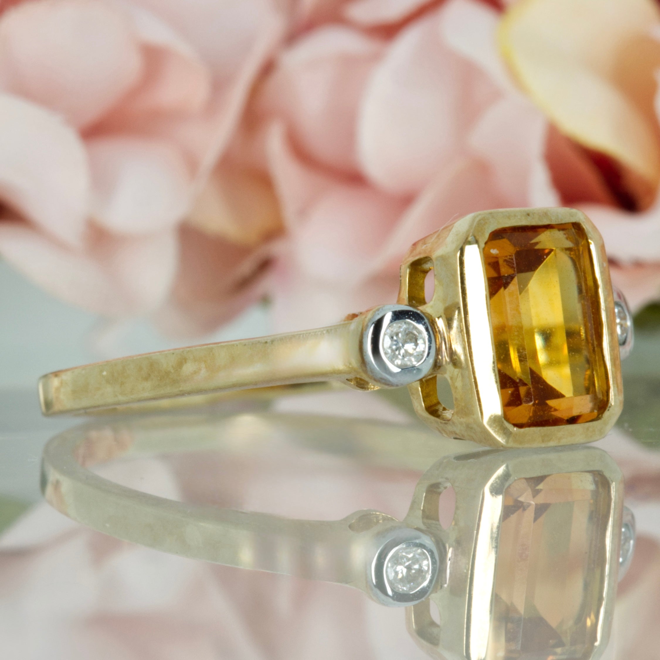 9ct Yellow Gold Octagonal Cut Citrine & Round Brilliant Cut Diamond Trilogy Ring