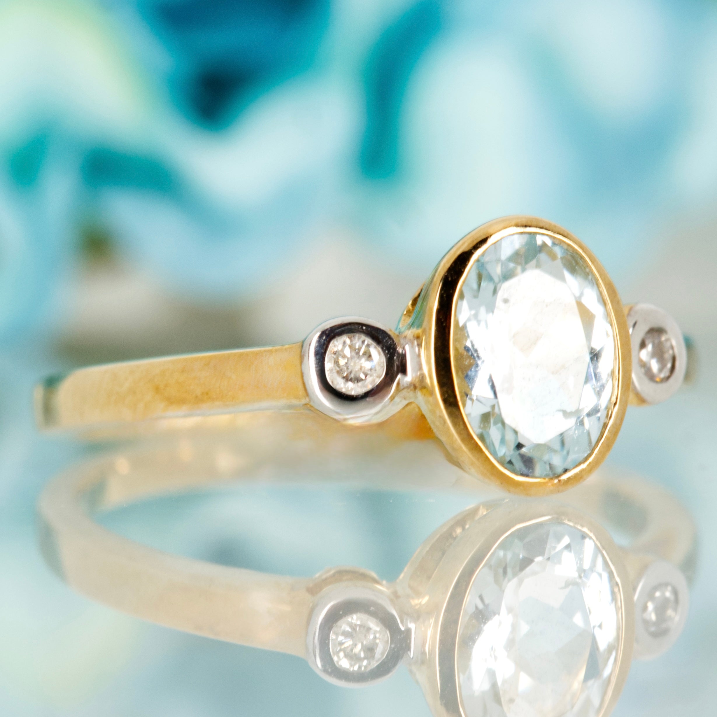 9ct Yellow Gold Oval Cut Aquamarine & Round Brilliant Cut Diamond Trilogy Ring