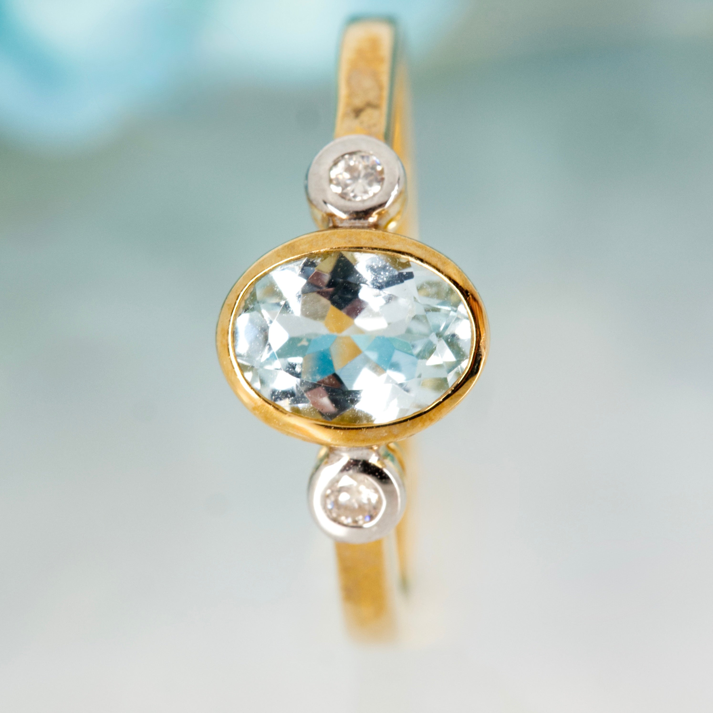 9ct Yellow Gold Oval Cut Aquamarine & Round Brilliant Cut Diamond Trilogy Ring