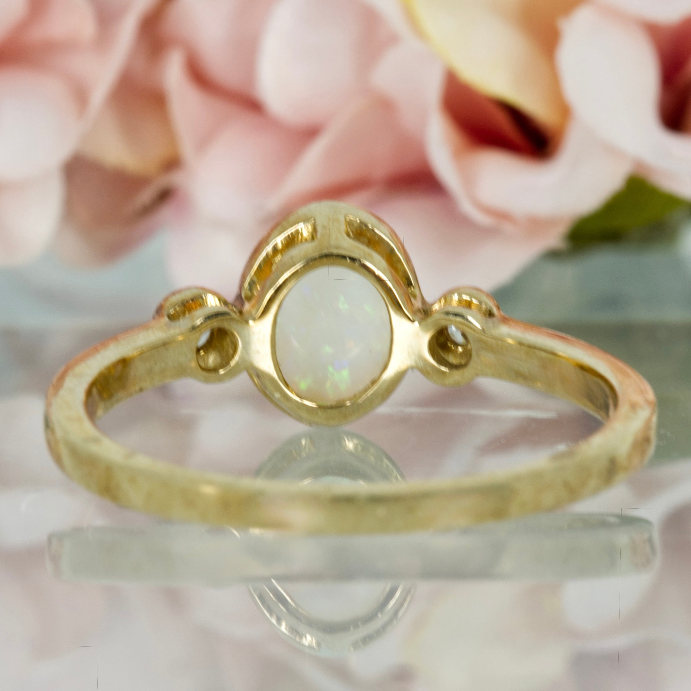 9ct Yellow Gold Oval Opal & Round Brilliant Cut Diamond Trilogy Ring