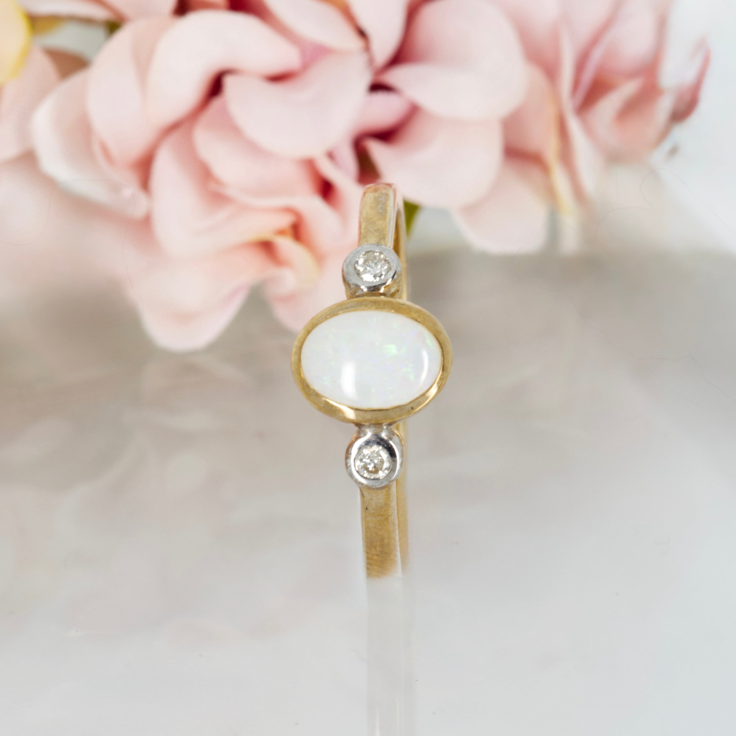 9ct Yellow Gold Oval Opal & Round Brilliant Cut Diamond Trilogy Ring