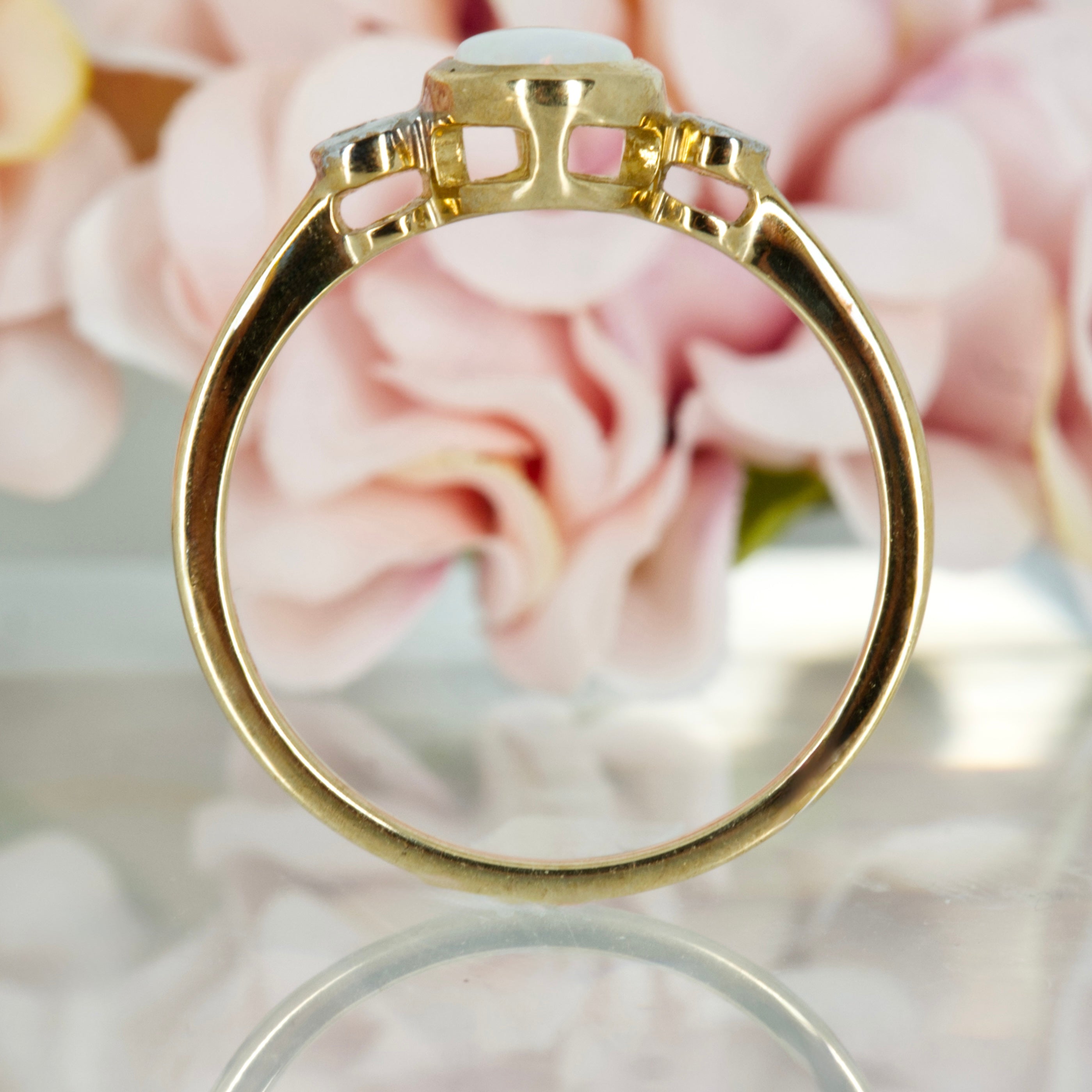 9ct Yellow Gold Oval Opal & Round Brilliant Cut Diamond Trilogy Ring