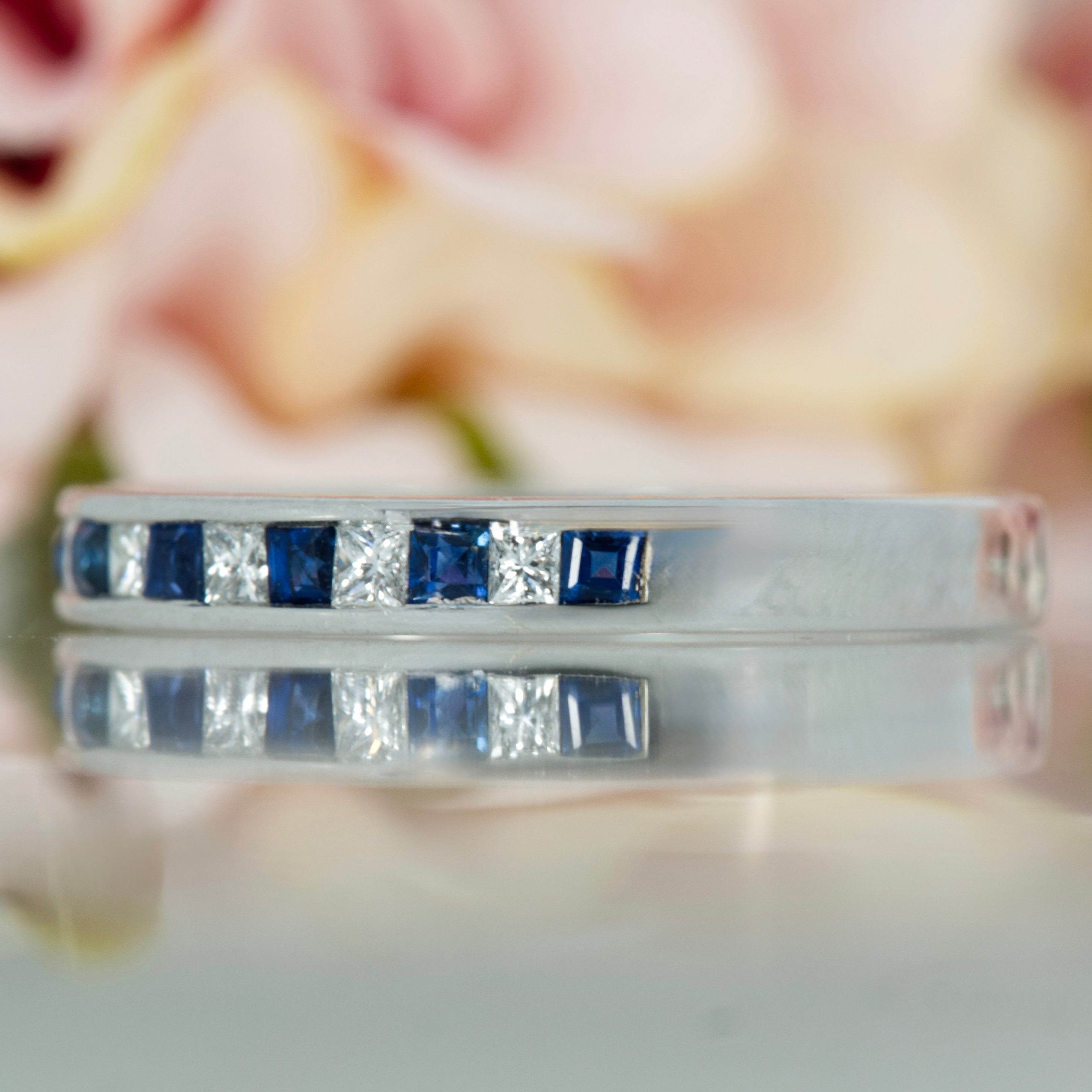18ct White Gold Princess Cut Sapphire & Diamond Channel Set Half Eternity Ring