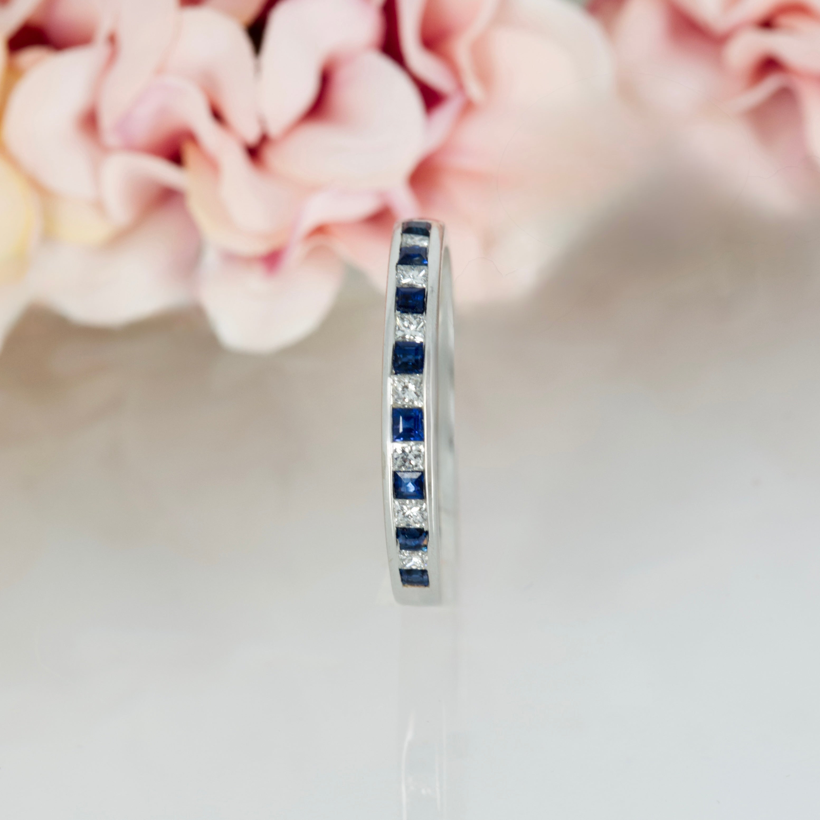 18ct White Gold Princess Cut Sapphire & Diamond Channel Set Half Eternity Ring