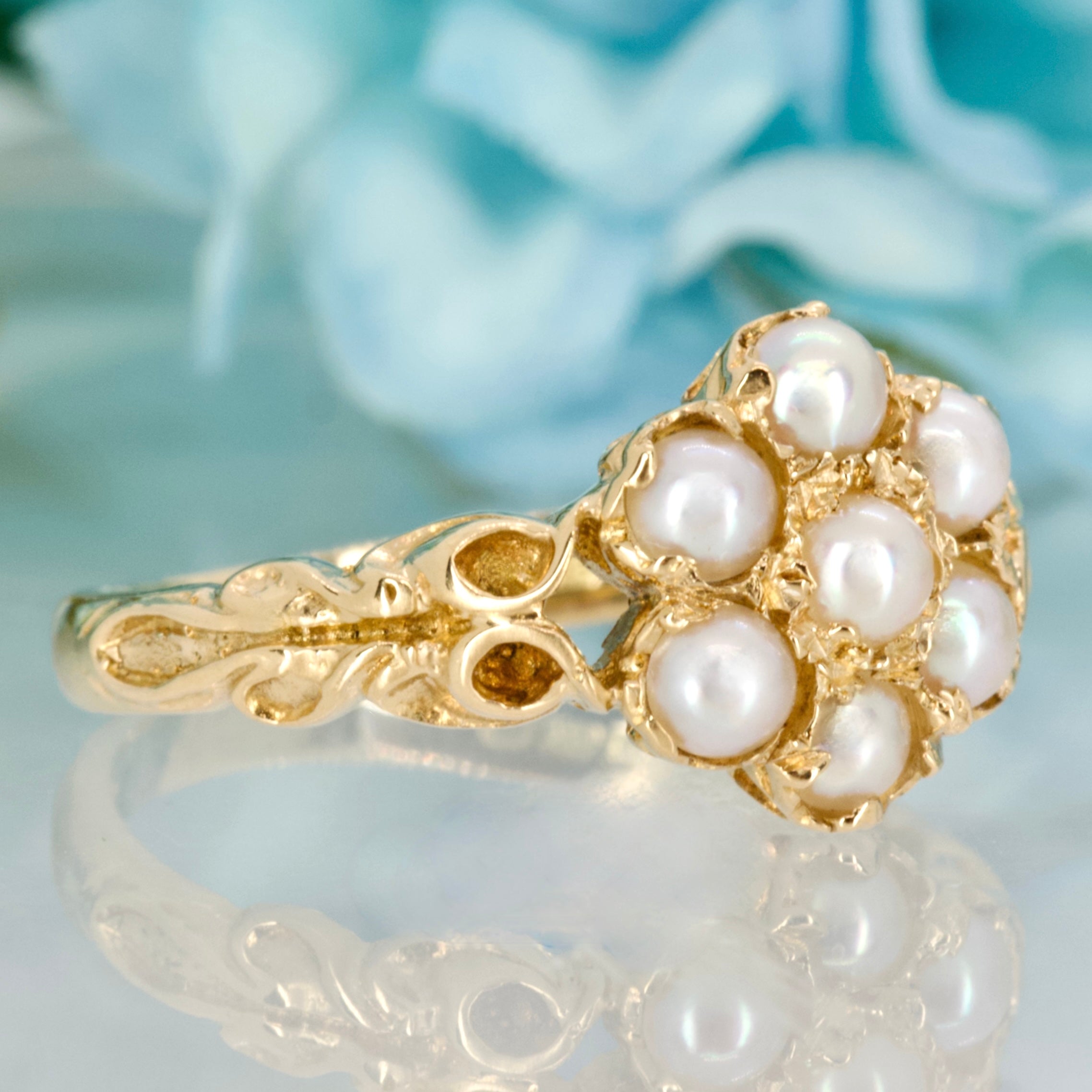 Antique 18ct Yellow Gold Pearl Cluster Ring, hallmarked London 1909