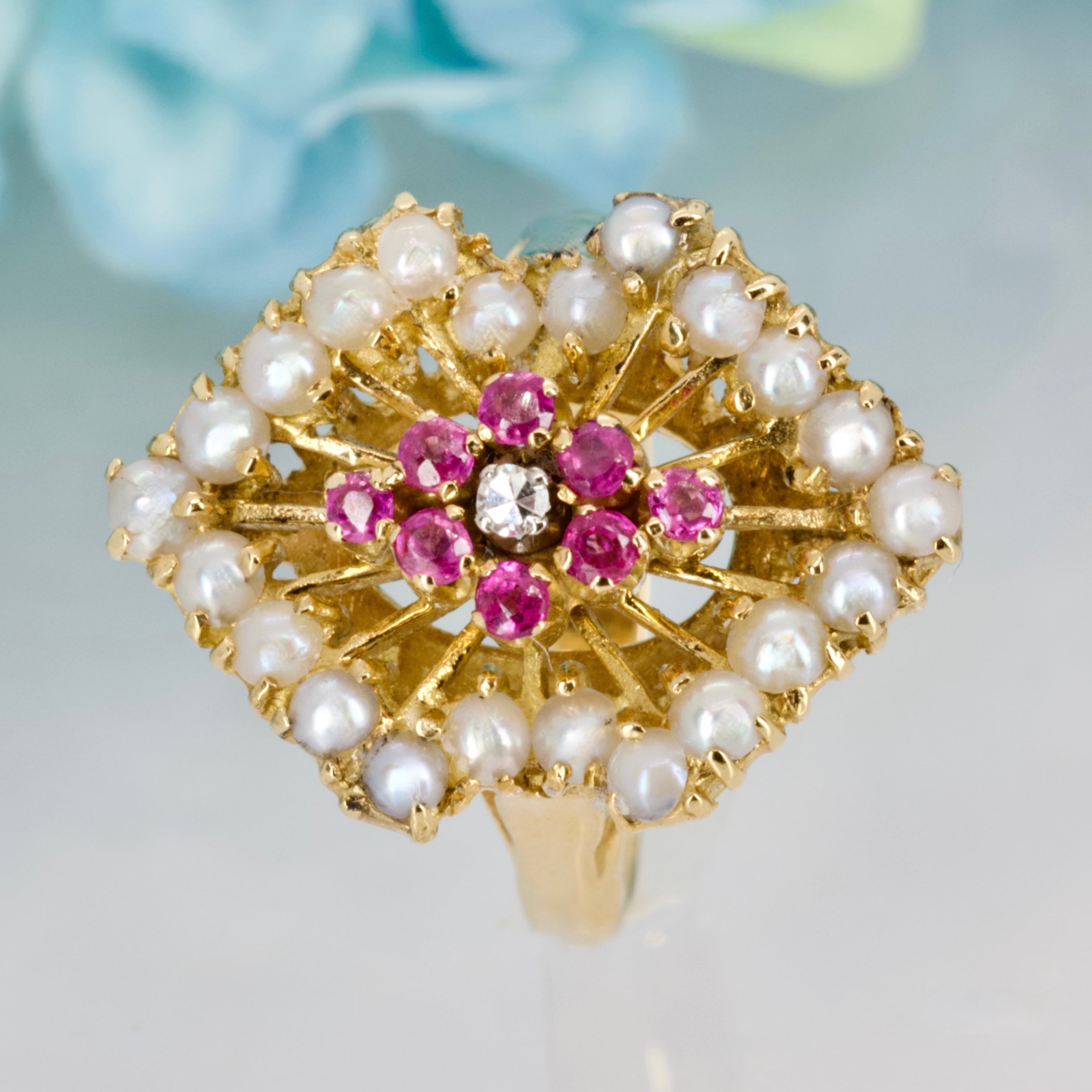 Pre-Loved 18ct Yellow Gold Pearl, Ruby & Diamond Set Dress Ring