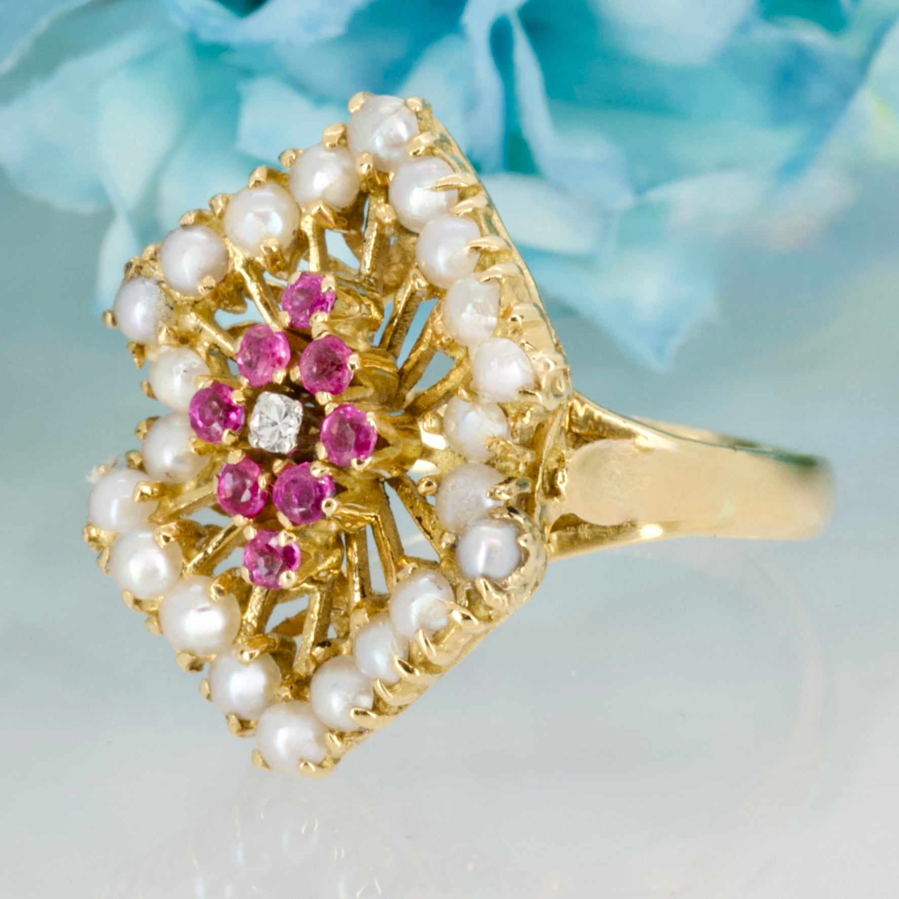 Pre-Loved 18ct Yellow Gold Pearl, Ruby & Diamond Set Dress Ring