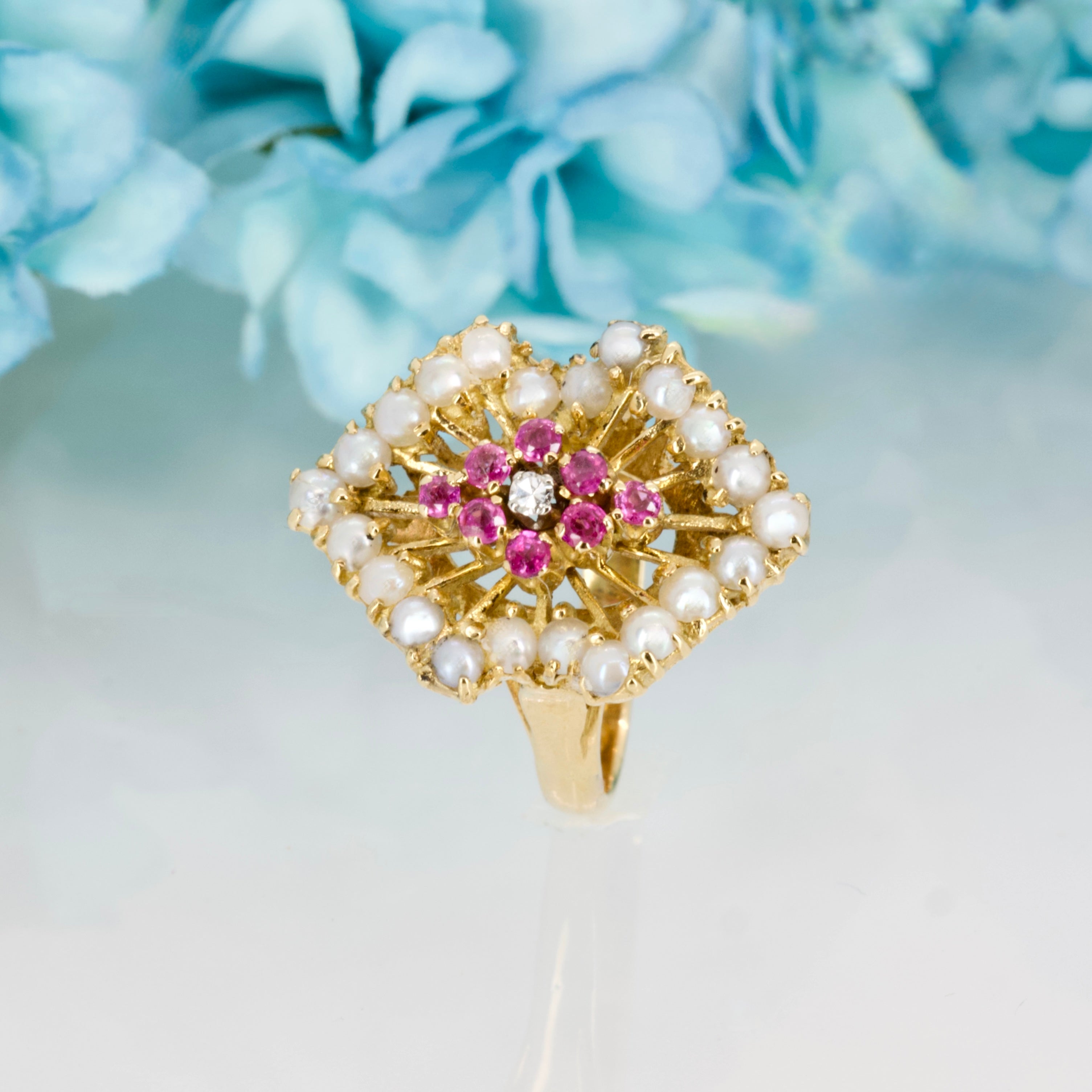 Pre-Loved 18ct Yellow Gold Pearl, Ruby & Diamond Set Dress Ring