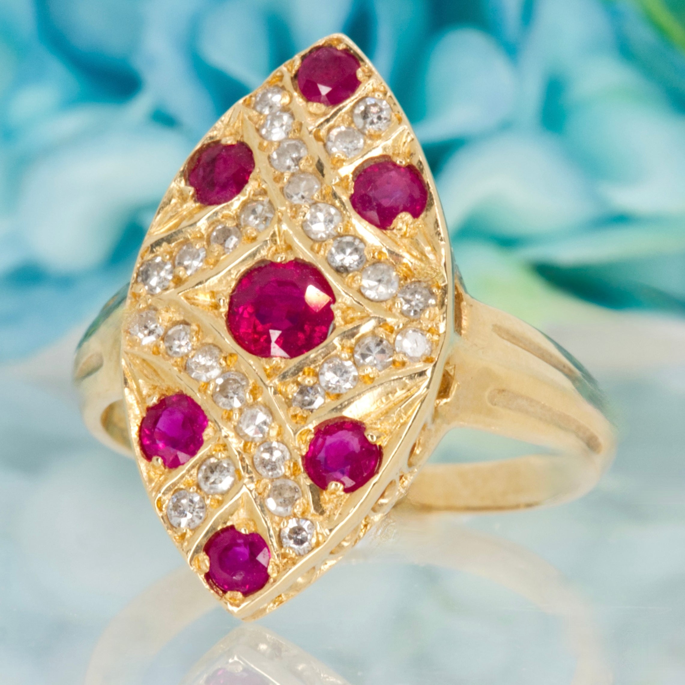 Pre-Loved 15ct Yellow Gold Ruby & Diamond Marquise Shaped Cluster Ring