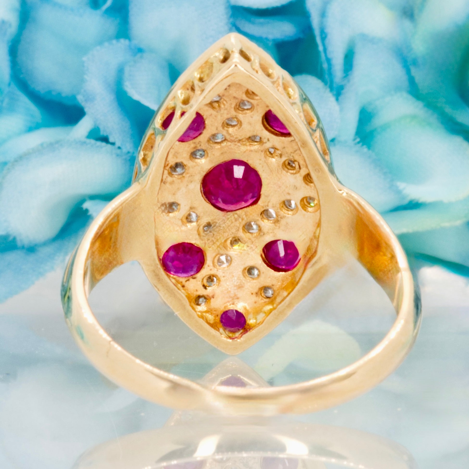 Pre-Loved 15ct Yellow Gold Ruby & Diamond Marquise Shaped Cluster Ring