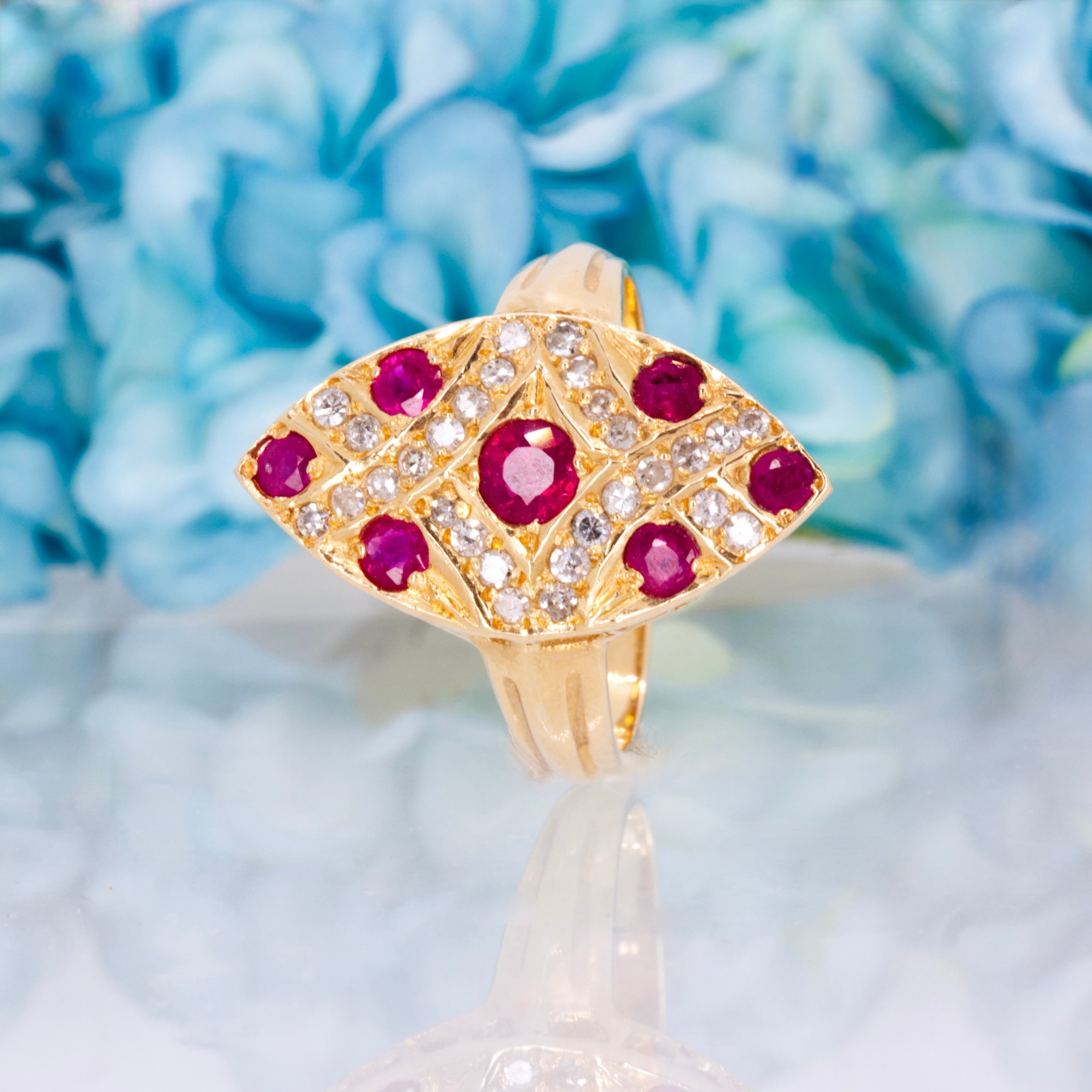 Pre-Loved 15ct Yellow Gold Ruby & Diamond Marquise Shaped Cluster Ring