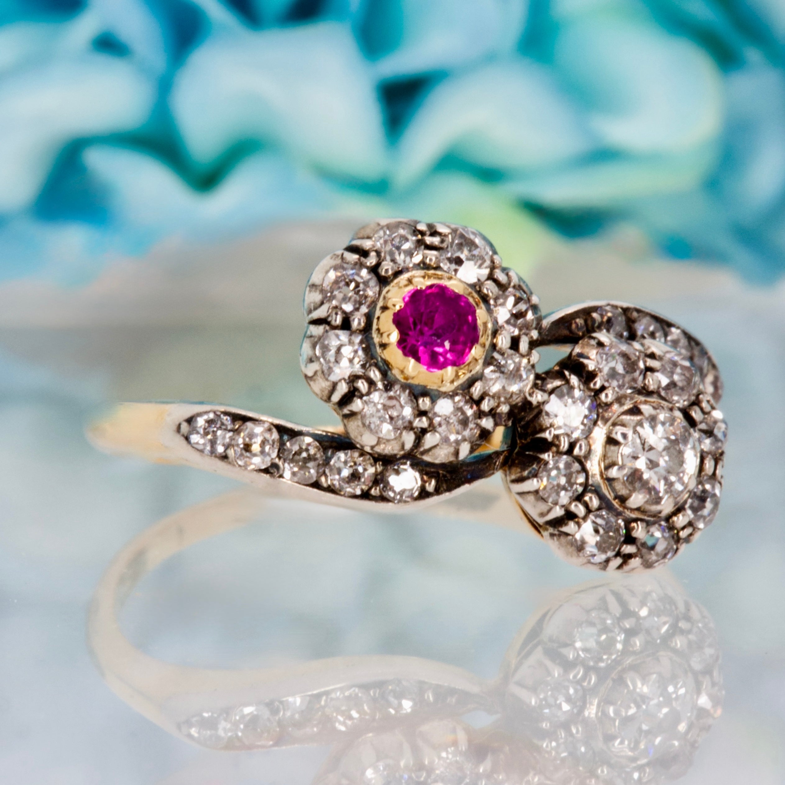 Pre-Loved 18ct Yellow Gold Ruby & Diamond Crossover Cluster Ring