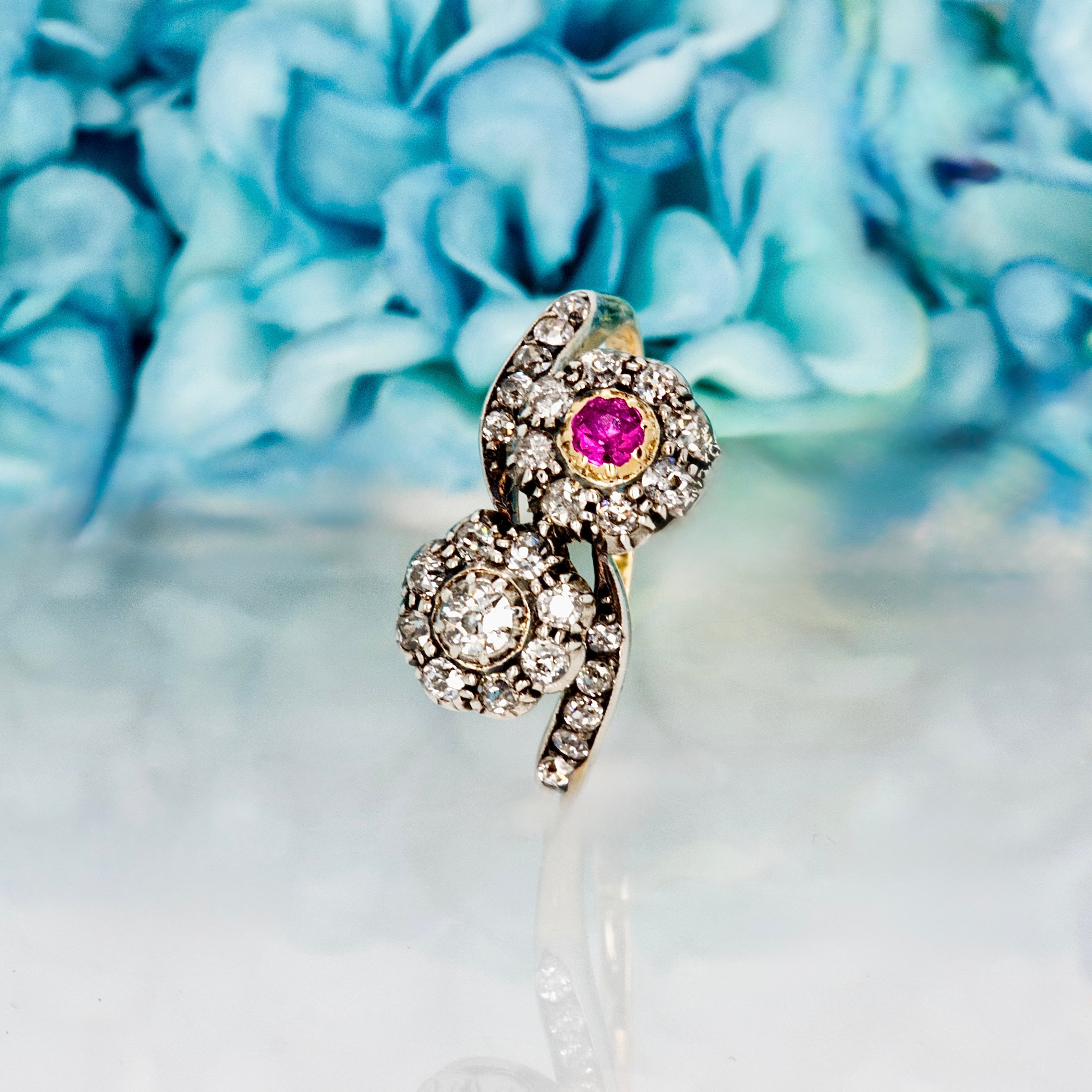 Pre-Loved 18ct Yellow Gold Ruby & Diamond Crossover Cluster Ring