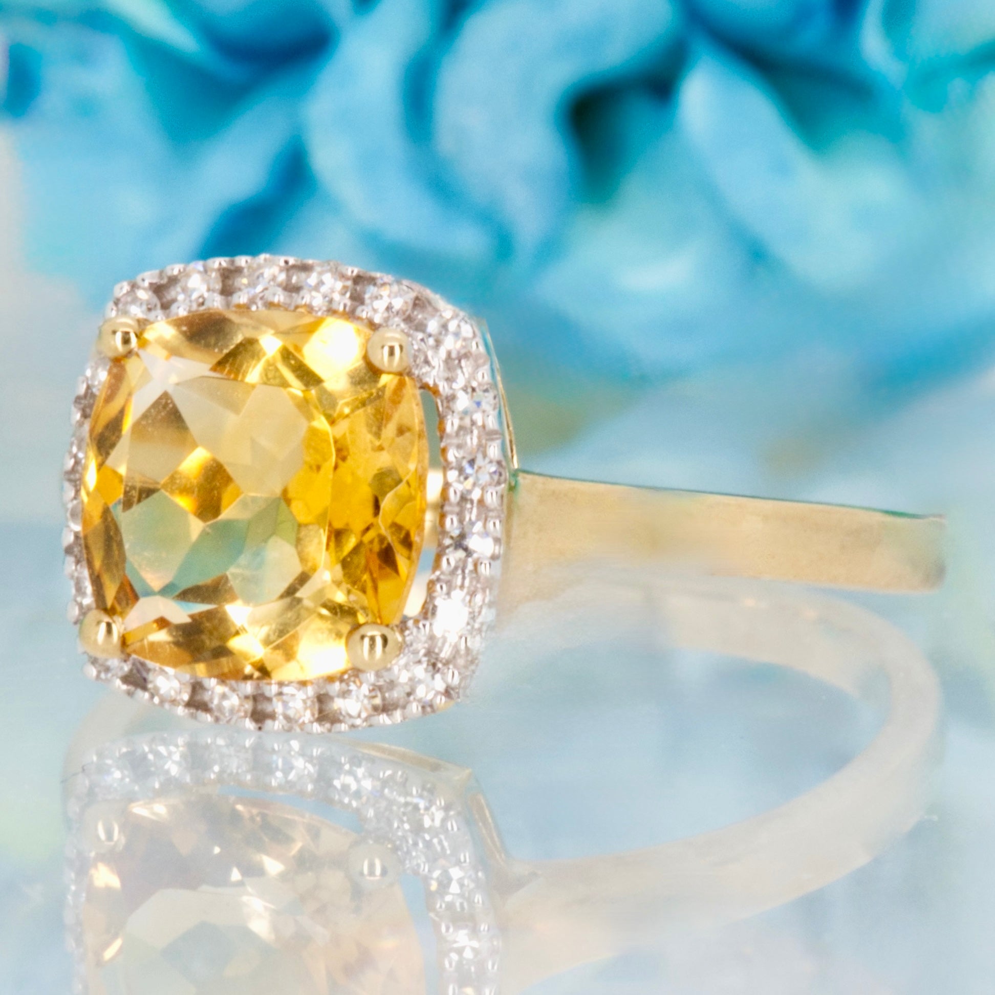 9ct Yellow Gold Cushion Cut Citrine & Round Brilliant Cut Diamond Halo Cluster Ring