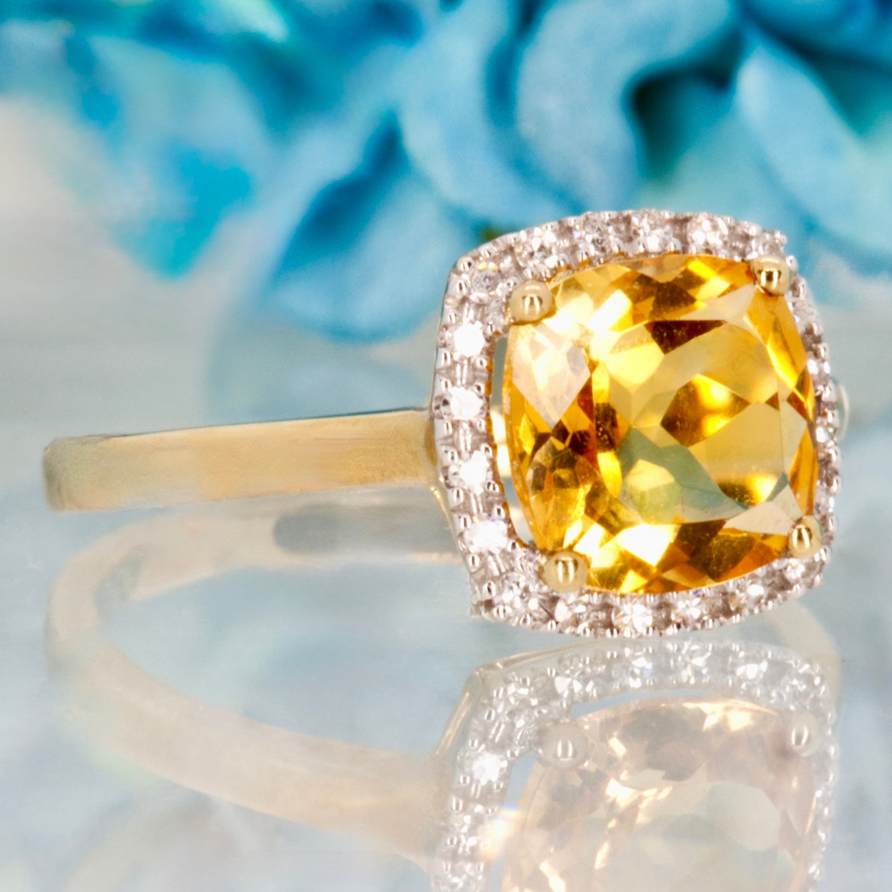 9ct Yellow Gold Cushion Cut Citrine & Round Brilliant Cut Diamond Halo Cluster Ring