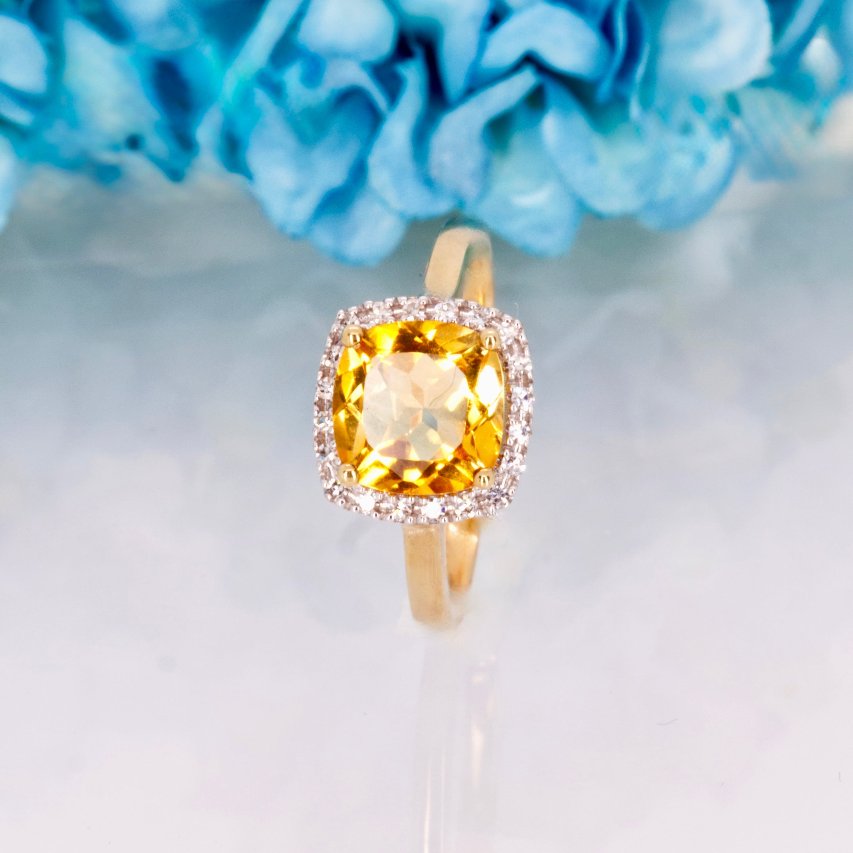9ct Yellow Gold Cushion Cut Citrine & Round Brilliant Cut Diamond Halo Cluster Ring
