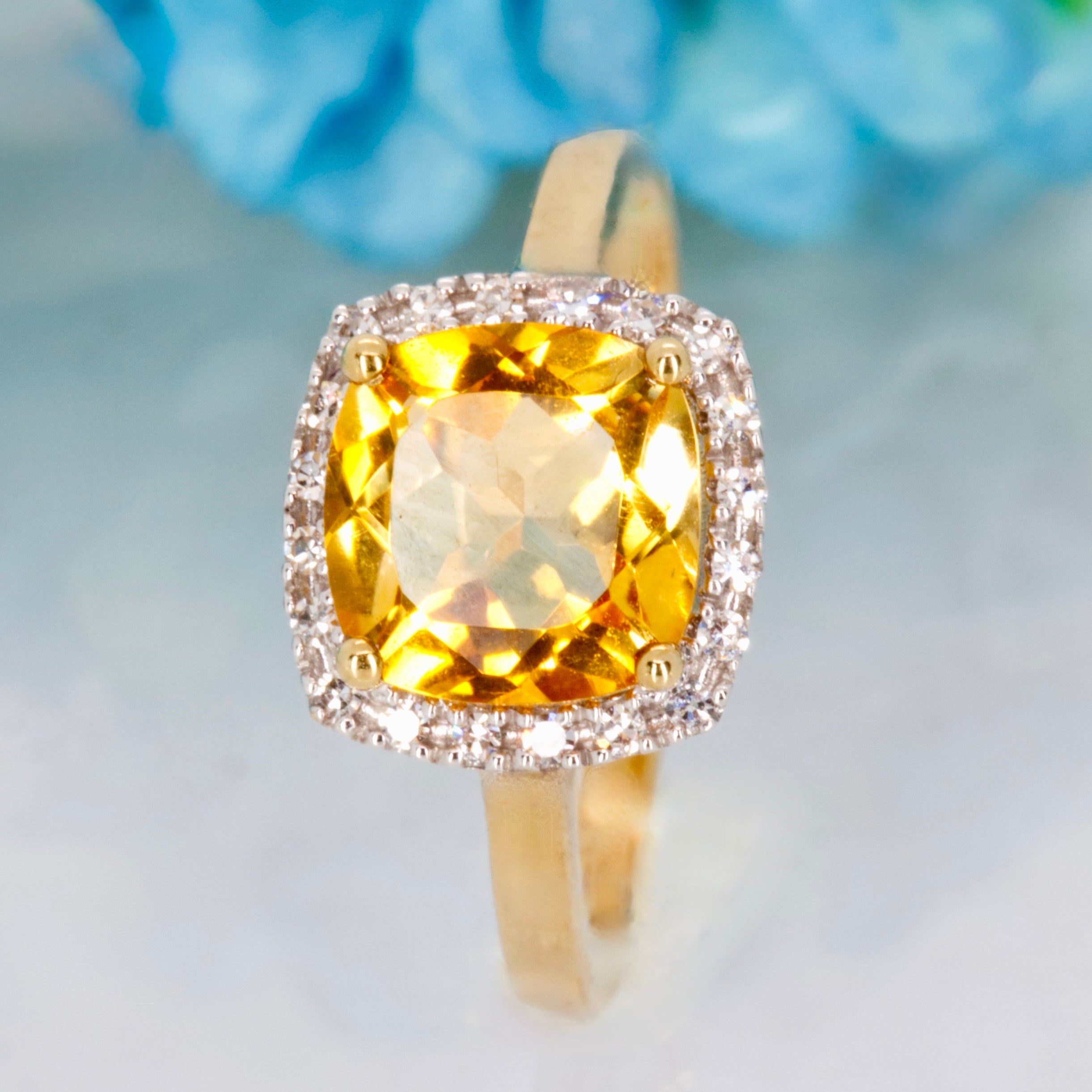 9ct Yellow Gold Cushion Cut Citrine & Round Brilliant Cut Diamond Halo Cluster Ring