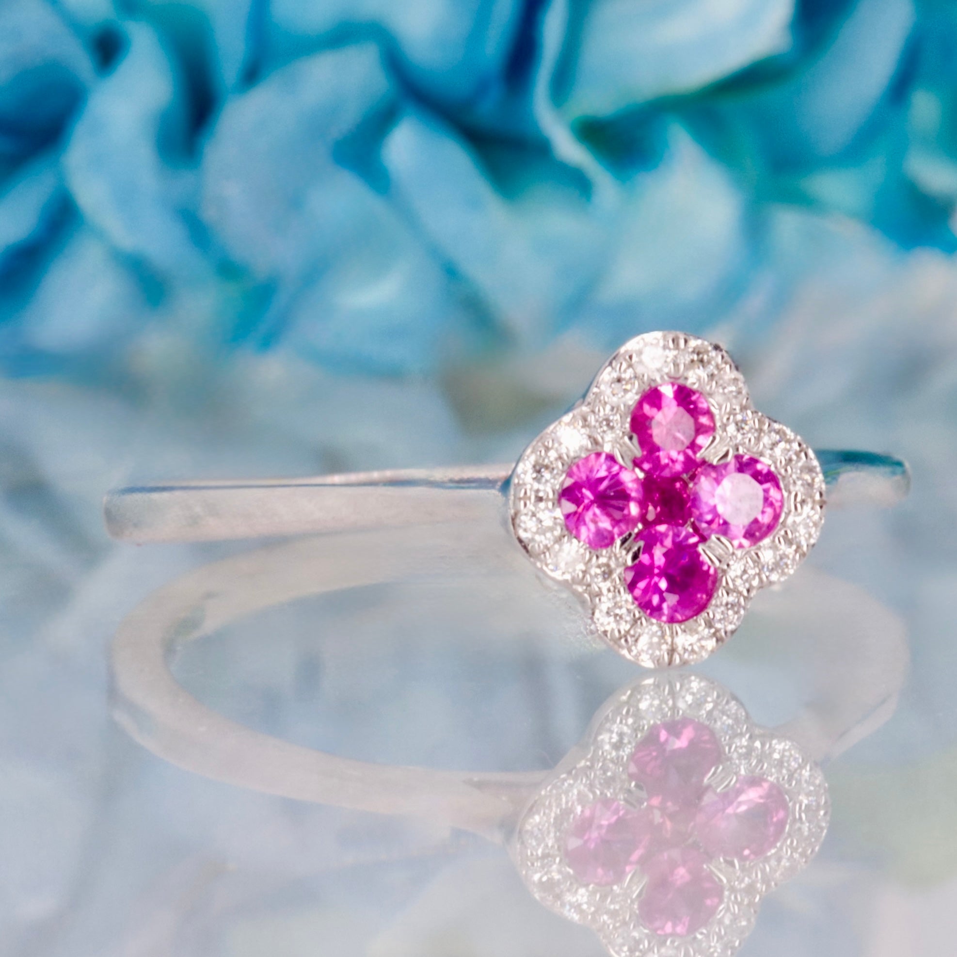 9ct White Gold Round Cut Pink Sapphire & Diamond Clover Cluster Ring