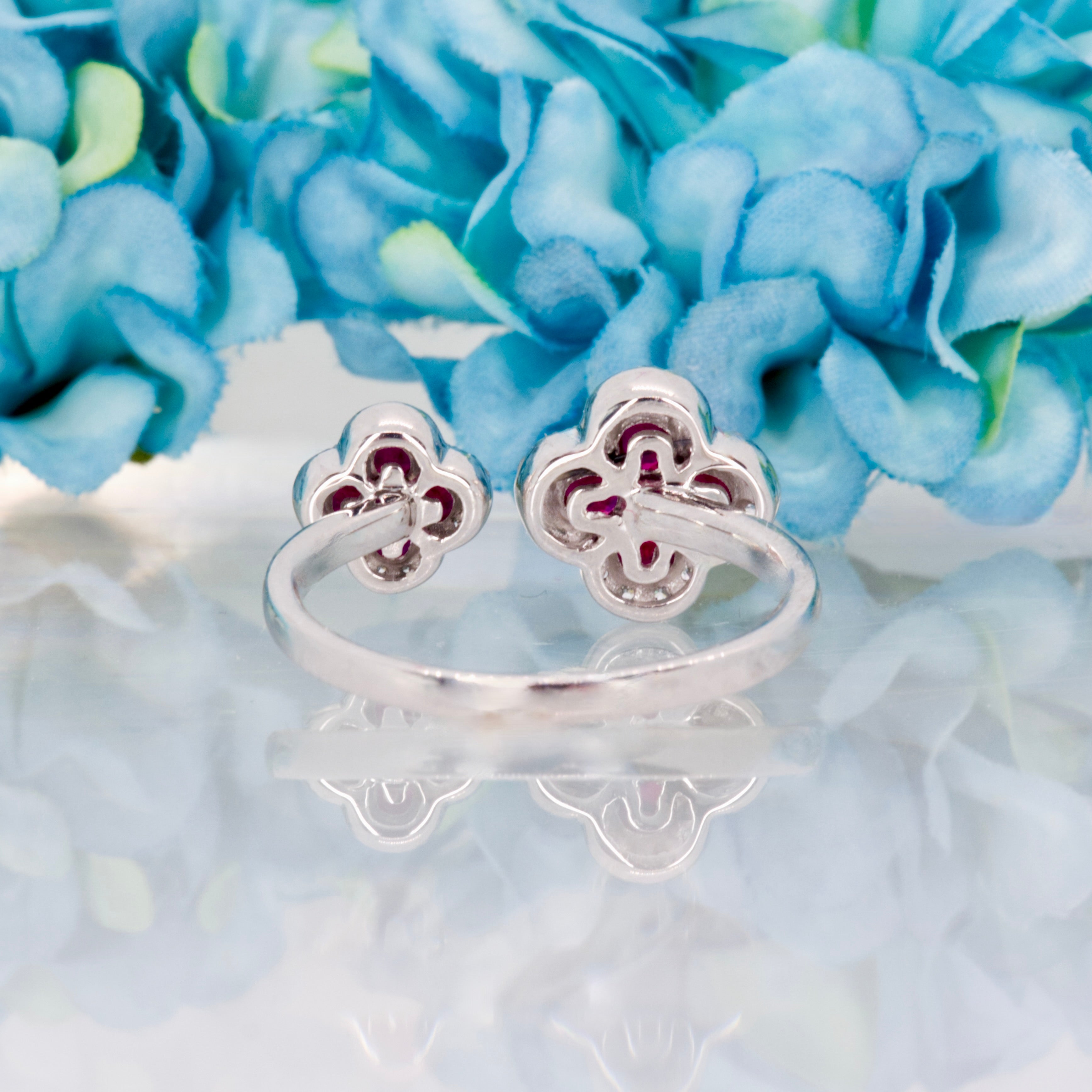 Platinum Round Cut Ruby & Diamond Double Clover Cluster Ring