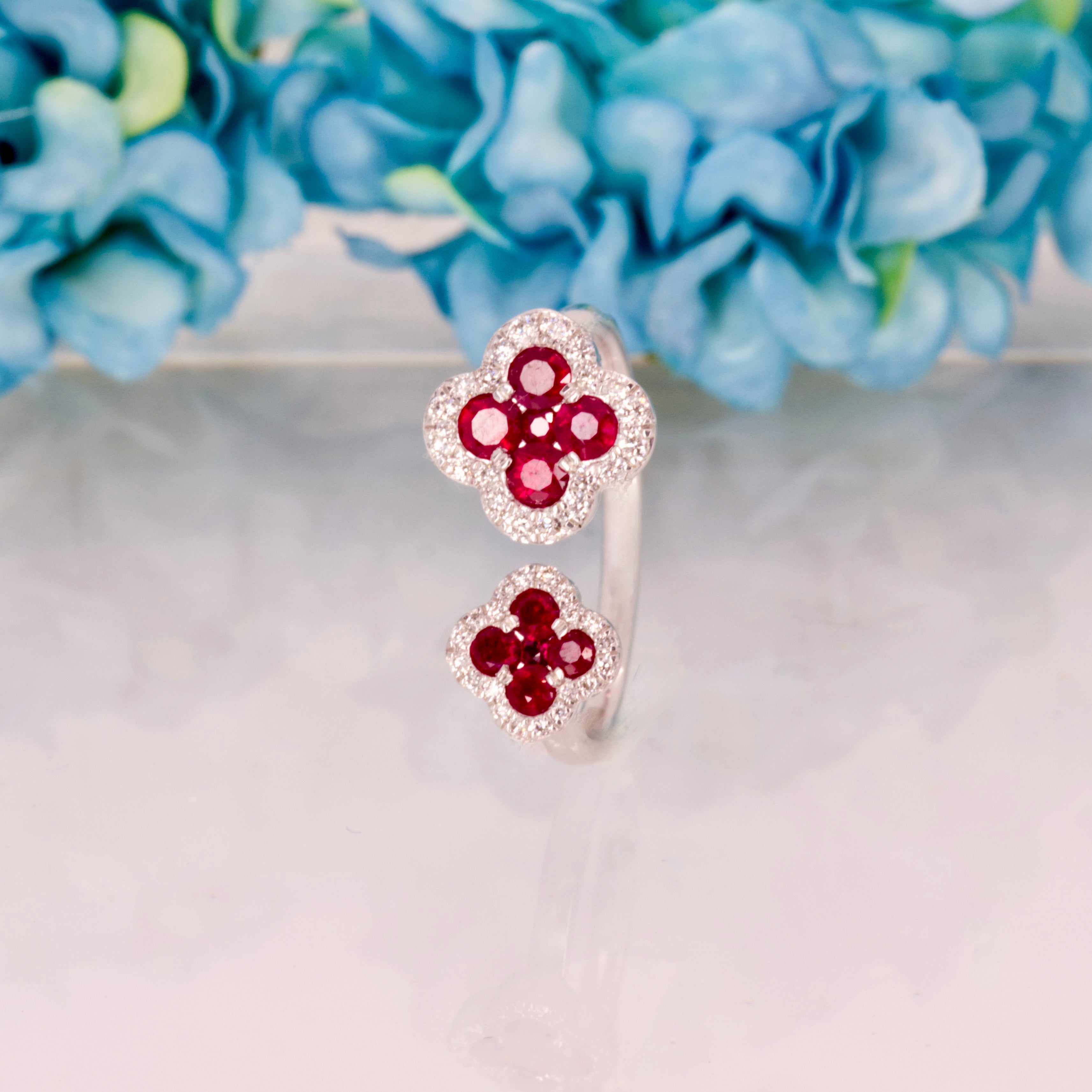 Platinum Round Cut Ruby & Diamond Double Clover Cluster Ring