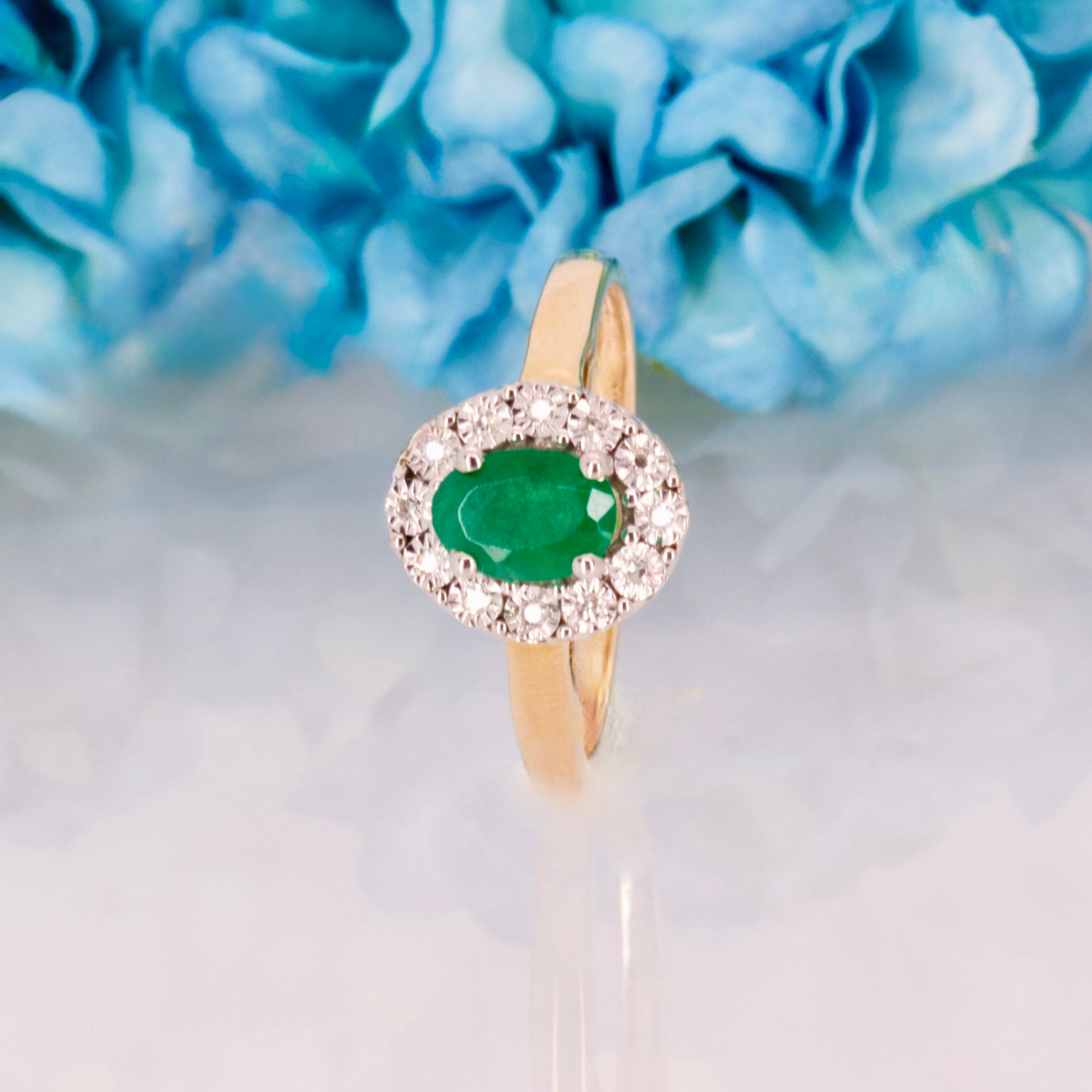9ct Yellow Gold Oval Cut Emerald & Round Brilliant Cut Diamond Halo Cluster Ring