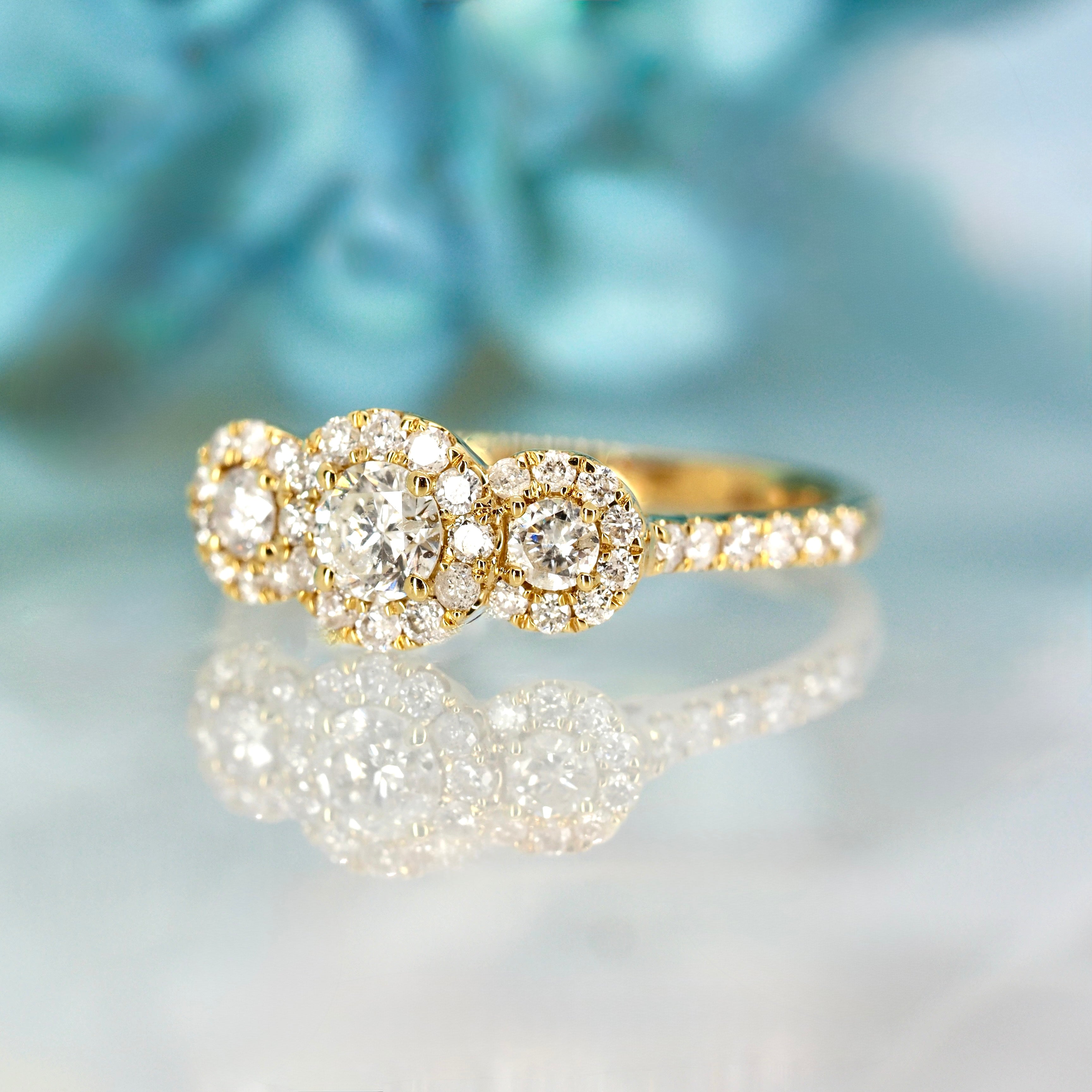 9ct Yellow Gold 0.75ct Round Brilliant Cut Diamond Triple Halo Cluster Ring