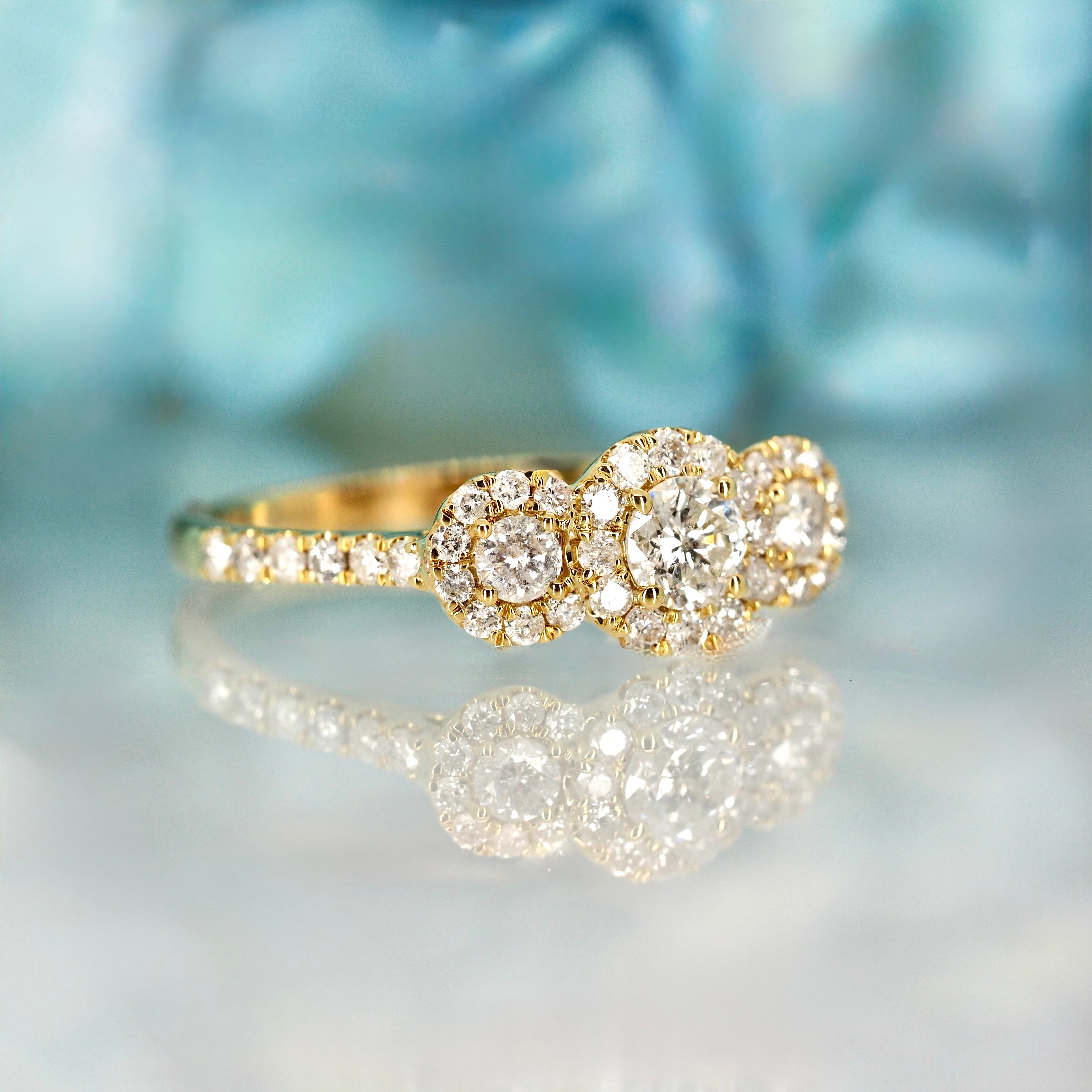 9ct Yellow Gold 0.75ct Round Brilliant Cut Diamond Triple Halo Cluster Ring