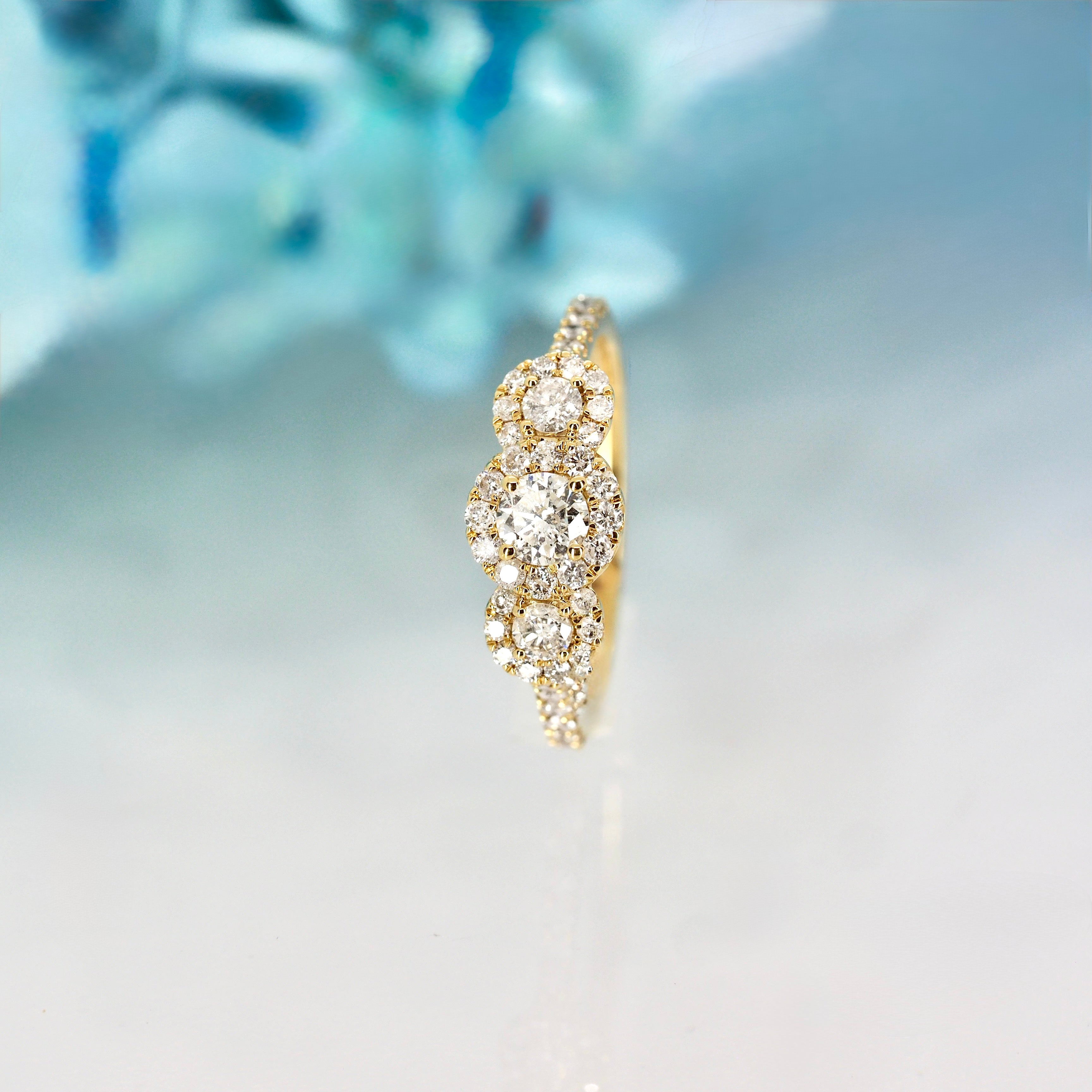 9ct Yellow Gold 0.75ct Round Brilliant Cut Diamond Triple Halo Cluster Ring