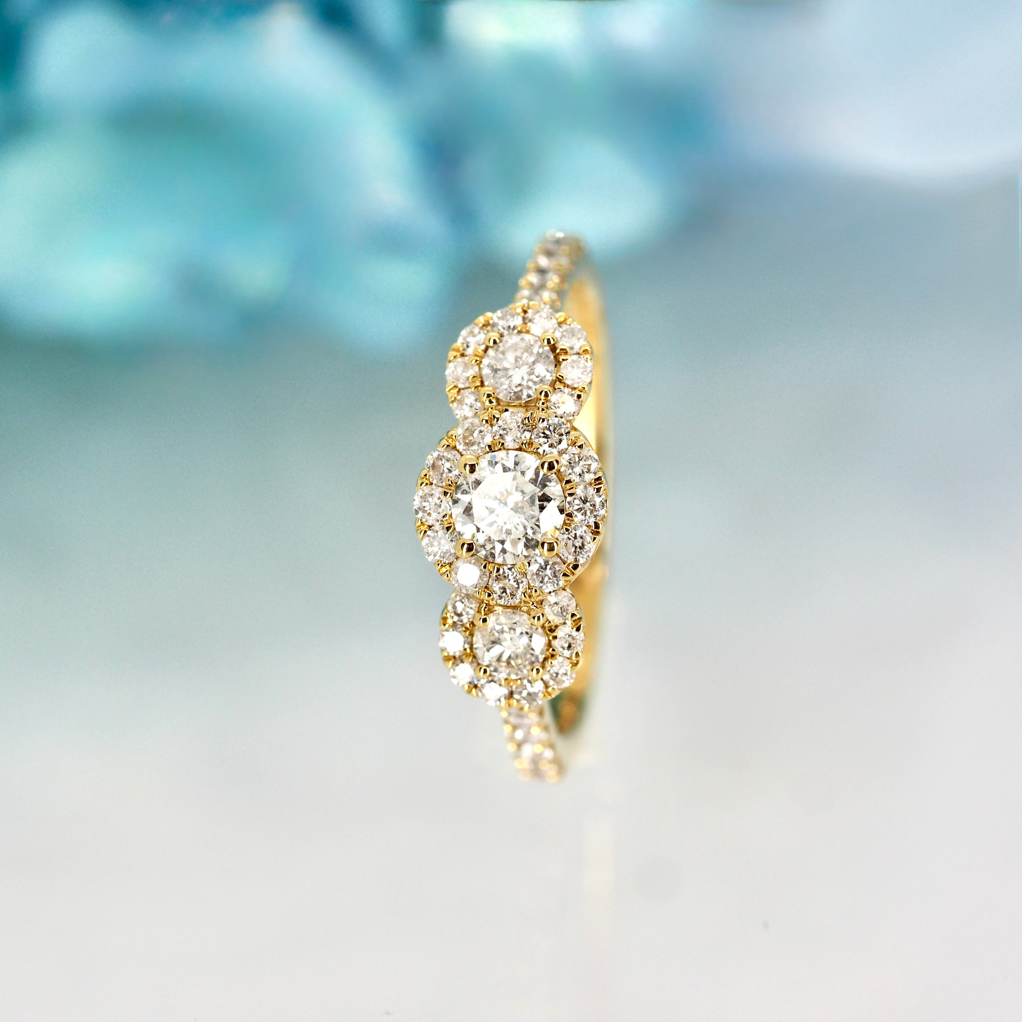 9ct Yellow Gold 0.75ct Round Brilliant Cut Diamond Triple Halo Cluster Ring