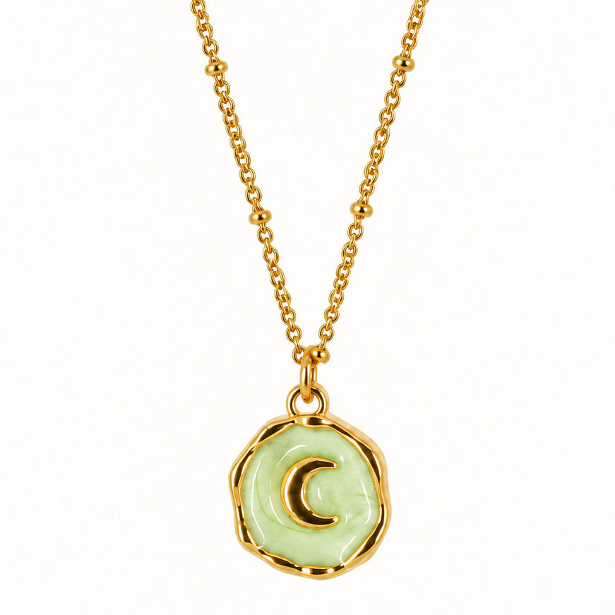 Gold Plated Round Light Green Moon Pendant & Chain