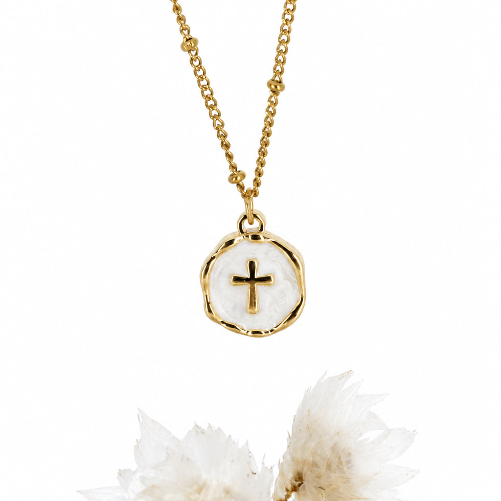 Gold Plated Round White Cross Pendant & Chain