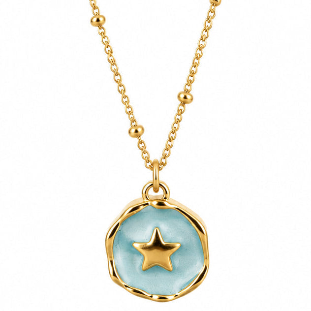 Gold Plated Round Light Blue Star Pendant & Chain