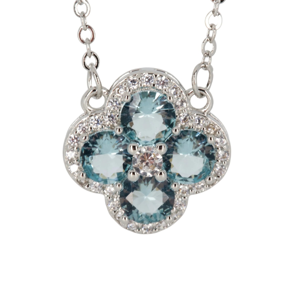 Blue & White Cubic Zirconia Set Clover Pendant & Chain