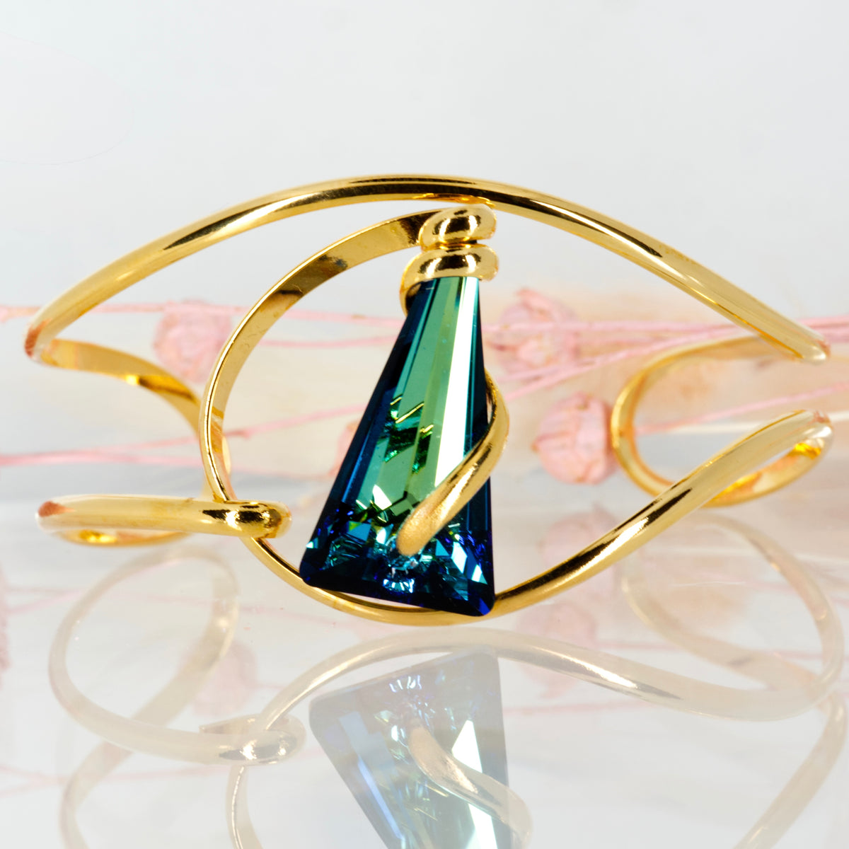 Andrea Marazzini Gold Plated Triangular Shaped Blue-Green Crystal Cuff Bangle