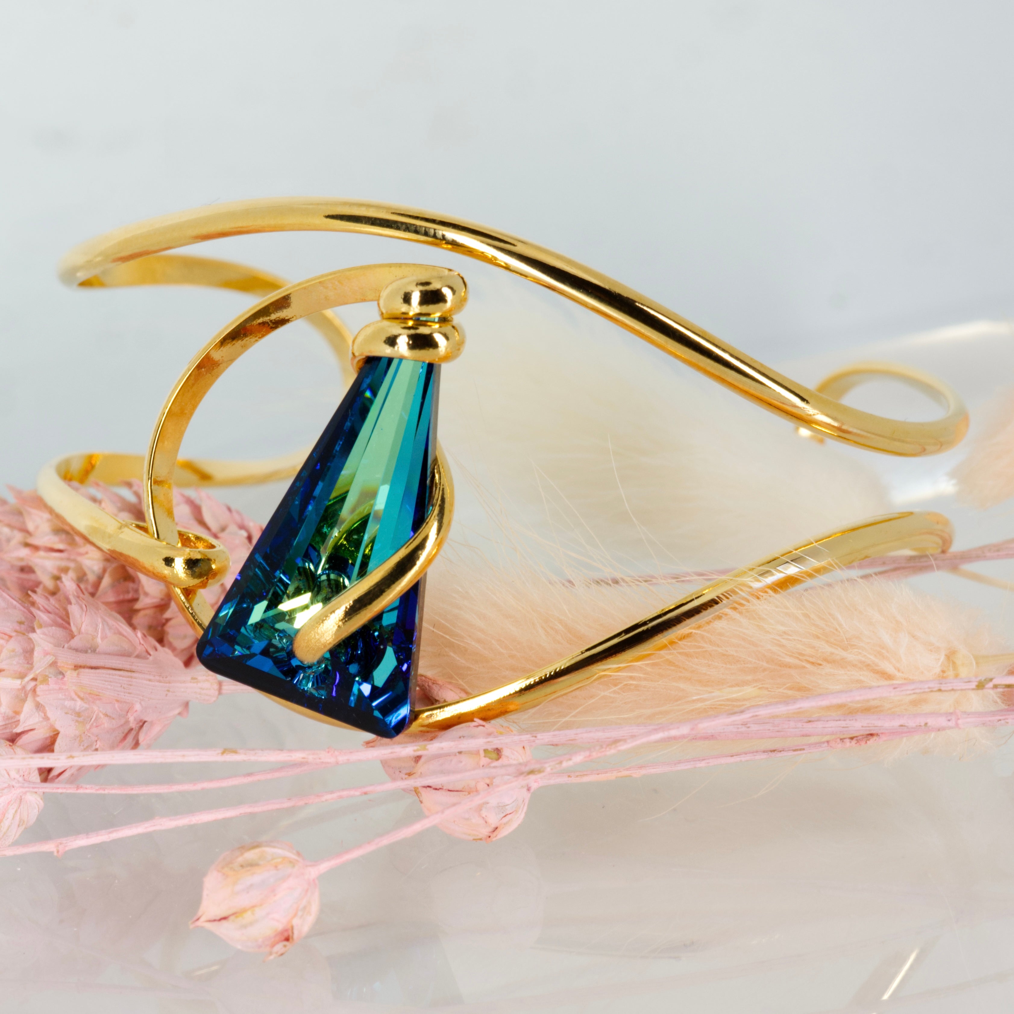 Andrea Marazzini Gold Plated Triangular Shaped Blue-Green Crystal Cuff Bangle