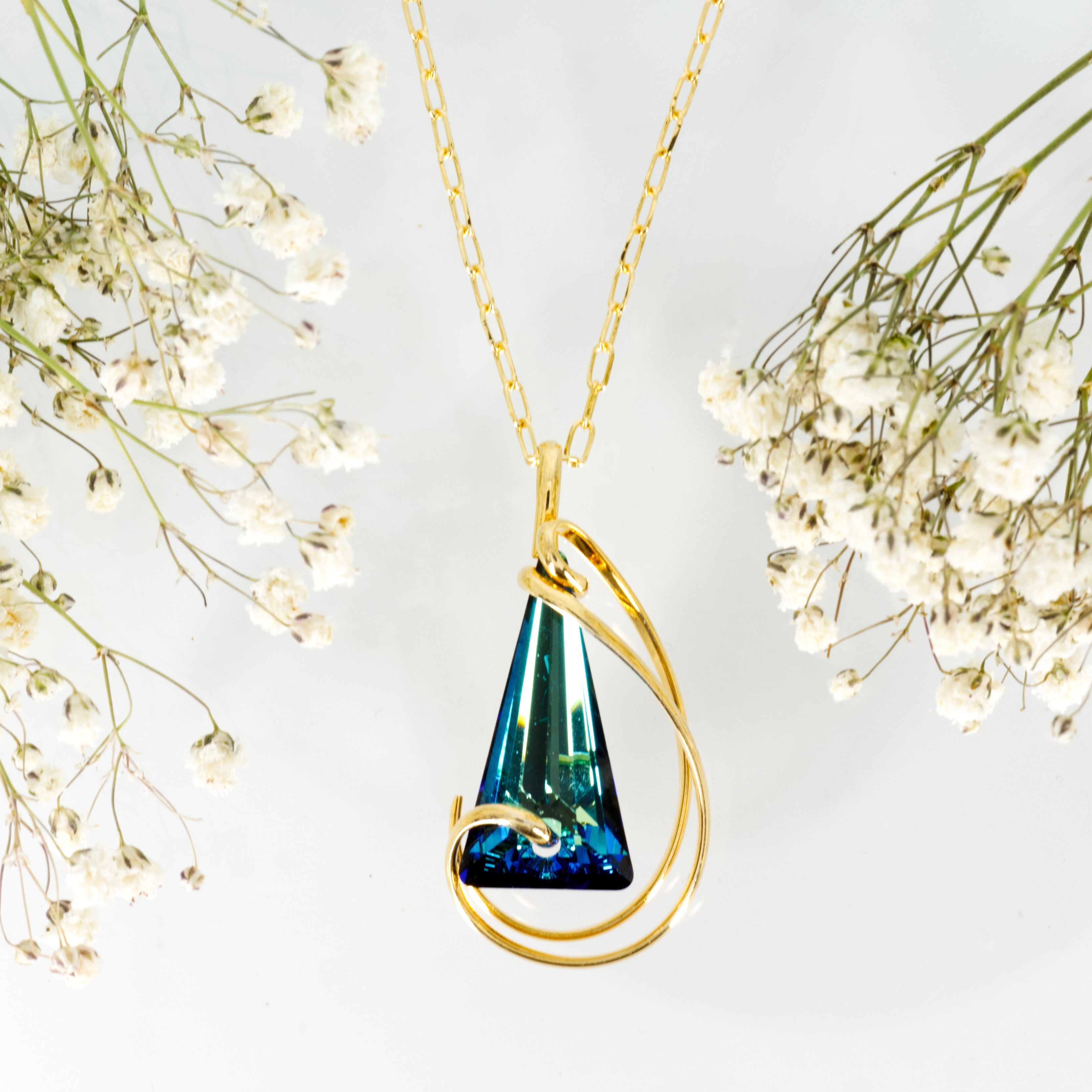 Andrea Marazzini Gold Plated Triangular Blue-Green Crystal Pendant & 18” Chain