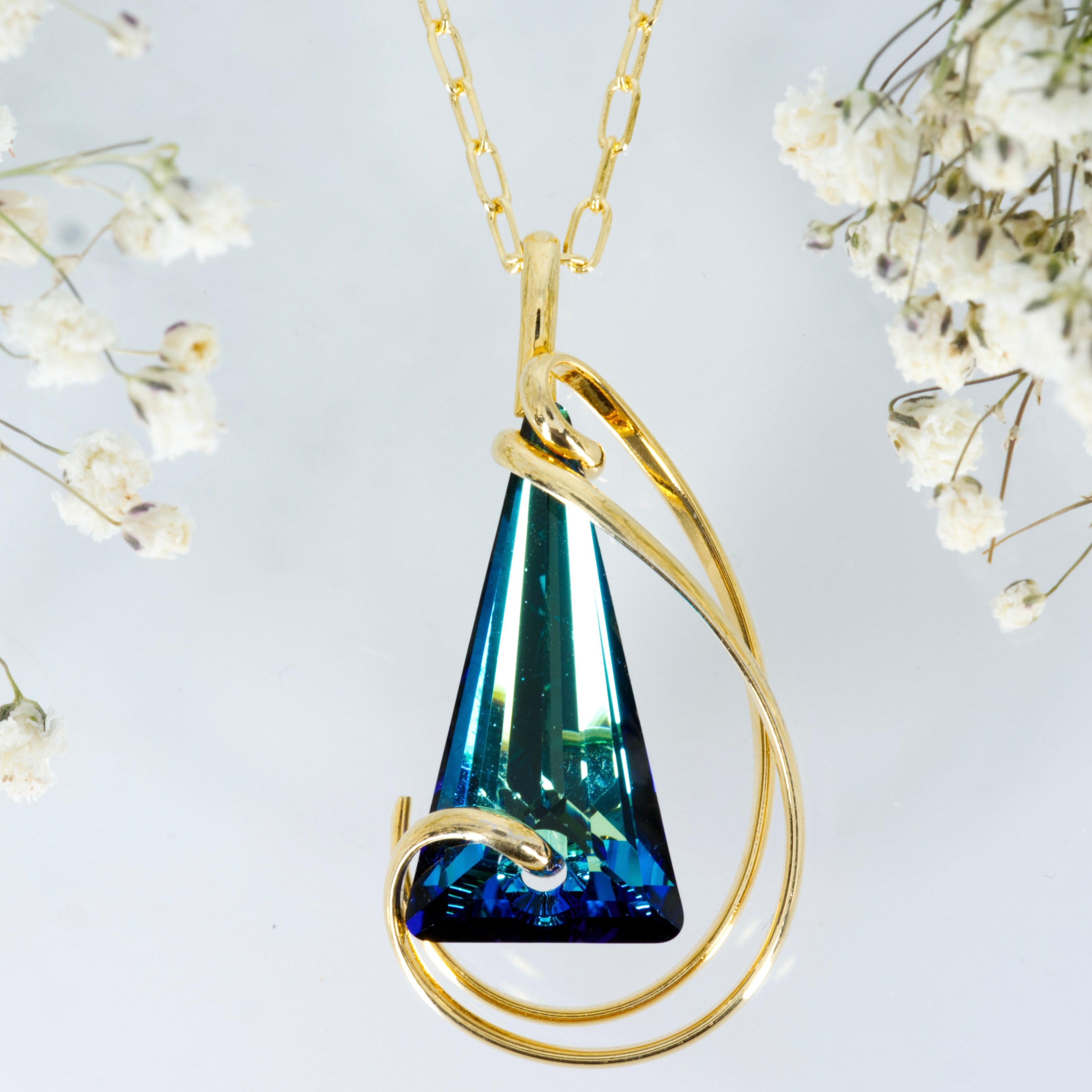 Andrea Marazzini Gold Plated Triangular Blue-Green Crystal Pendant & 18” Chain