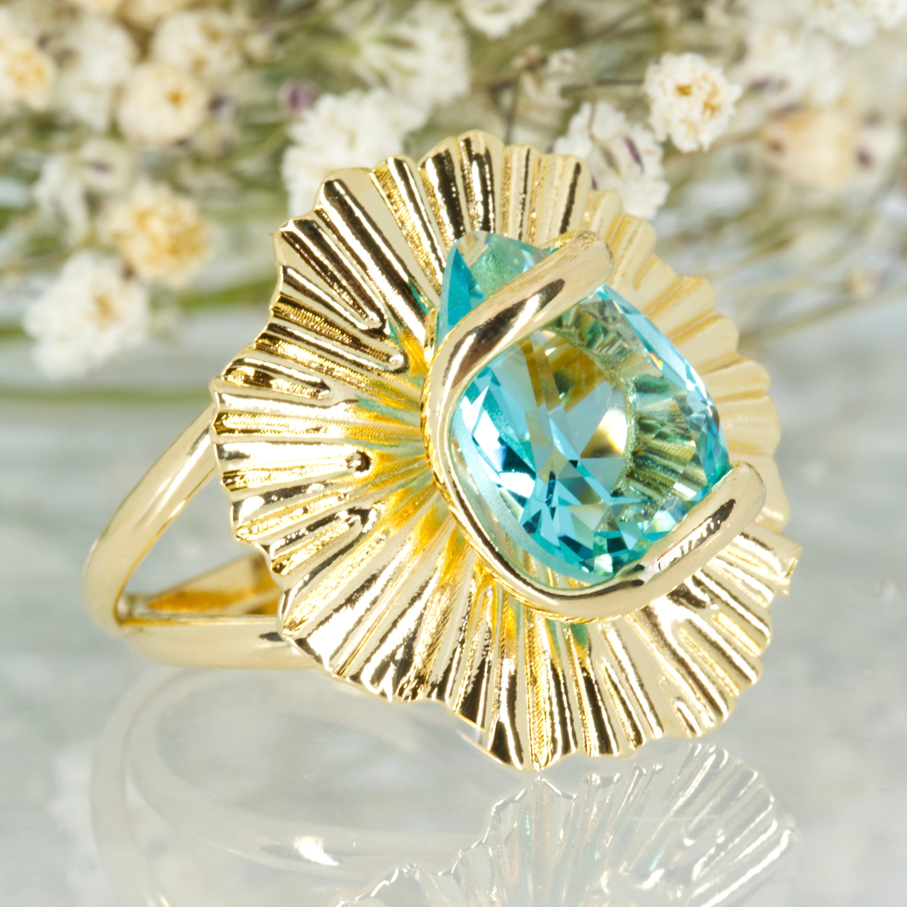 Andrea Marazzini Gold Plated Blue Pear Shaped Crystal Ring