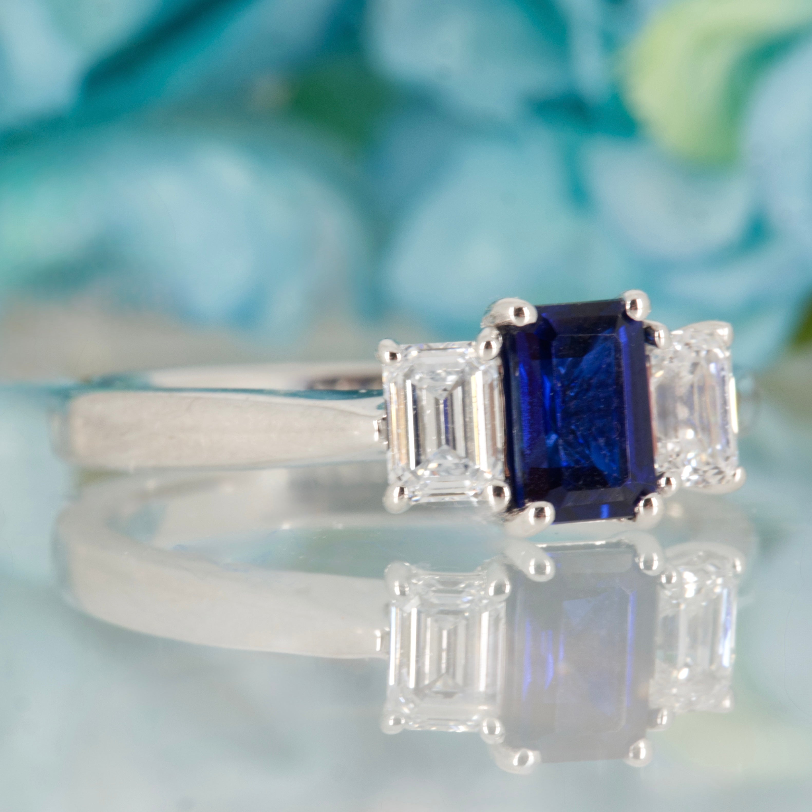 9ct White Gold Emerald Cut Lab Grown Sapphire & Emerald Cut Lab Grown Diamond Trilogy Ring